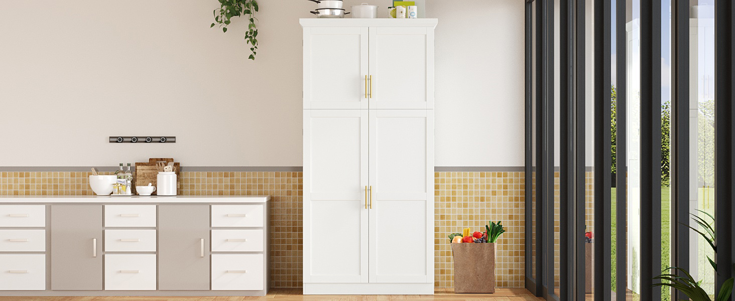 [Assembly Video Provided] TOPMAX 35.5x17.6x70.9inch Freestanding Kitchen Pantry Cabinet, Tall Storage Cabinet with 4 Doors, 2 Door Shelves, 8 Pull-out Trays and Adjustable Shelf for Dining Room, White - Image 4
