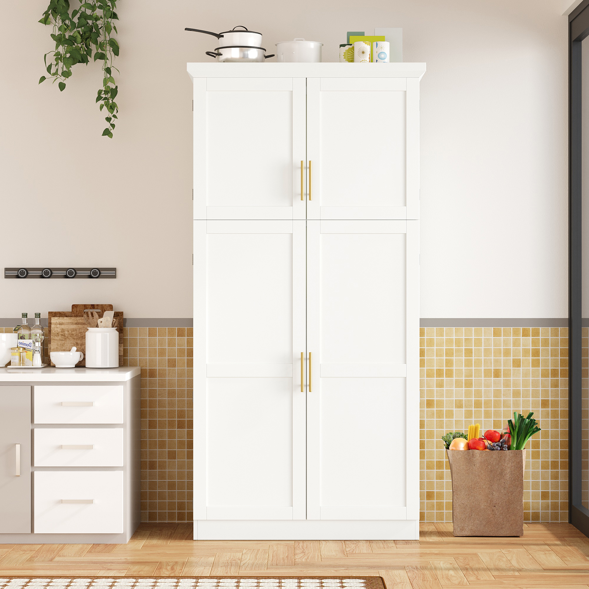 [Assembly Video Provided] TOPMAX 35.5x17.6x70.9inch Freestanding Kitchen Pantry Cabinet, Tall Storage Cabinet with 4 Doors, 2 Door Shelves, 8 Pull-out Trays and Adjustable Shelf for Dining Room, White - Image 6