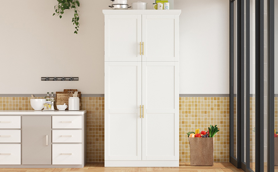 [Assembly Video Provided] TOPMAX 35.5x17.6x70.9inch Freestanding Kitchen Pantry Cabinet, Tall Storage Cabinet with 4 Doors, 2 Door Shelves, 8 Pull-out Trays and Adjustable Shelf for Dining Room, White - Image 5