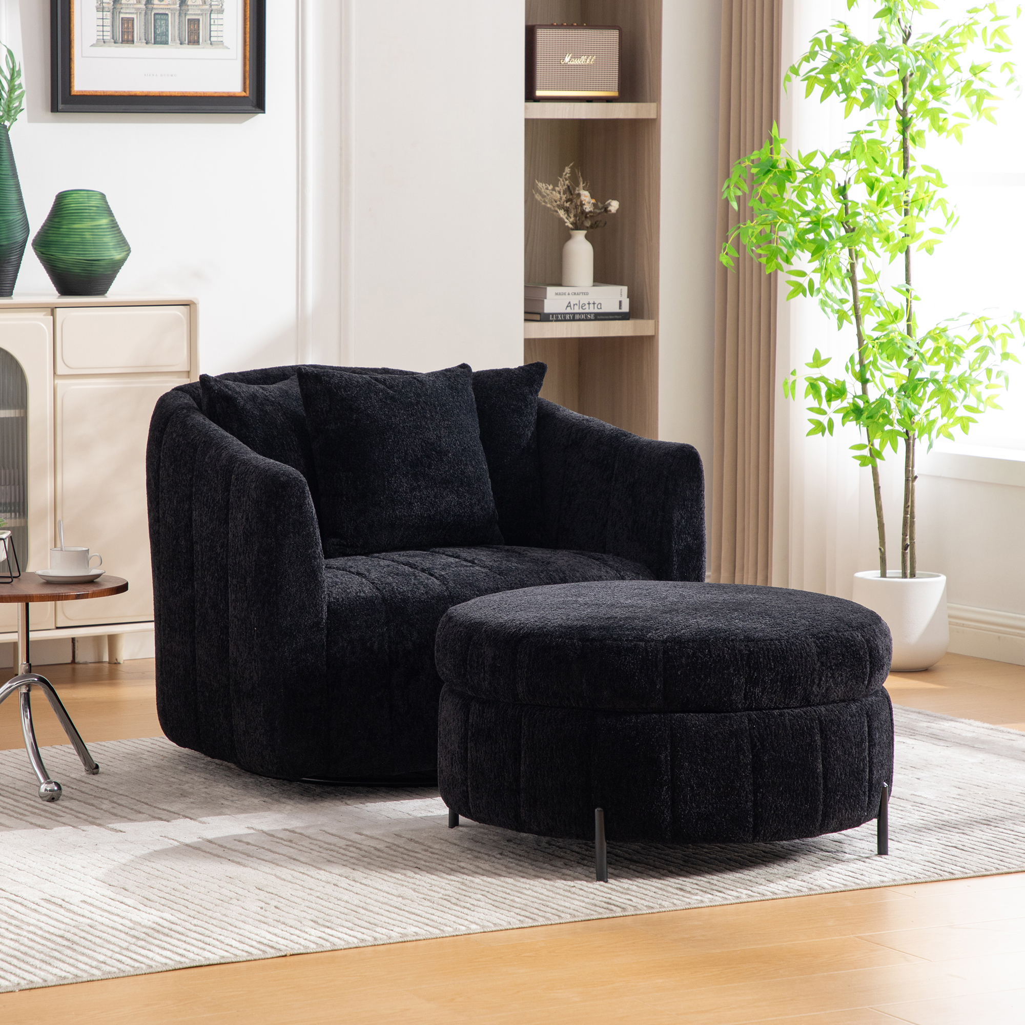 39"W Oversized 360° Swivel Accent Barrel Chair and Half Sofa with Round Ottoman Set, Chenille Channel Tufted Pumpkin Club Armchair & Pillows with Storage Stool for Living Room, Bedroom, Lounge, Black - Image 2