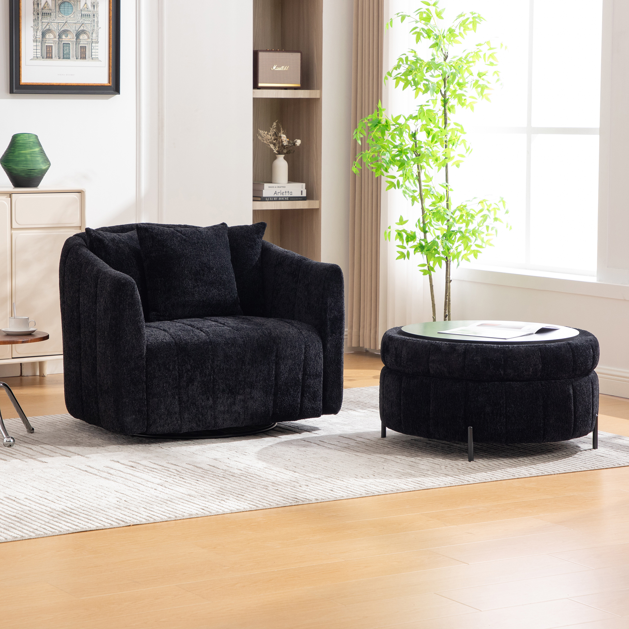 39"W Oversized 360° Swivel Accent Barrel Chair and Half Sofa with Round Ottoman Set, Chenille Channel Tufted Pumpkin Club Armchair & Pillows with Storage Stool for Living Room, Bedroom, Lounge, Black - Image 3
