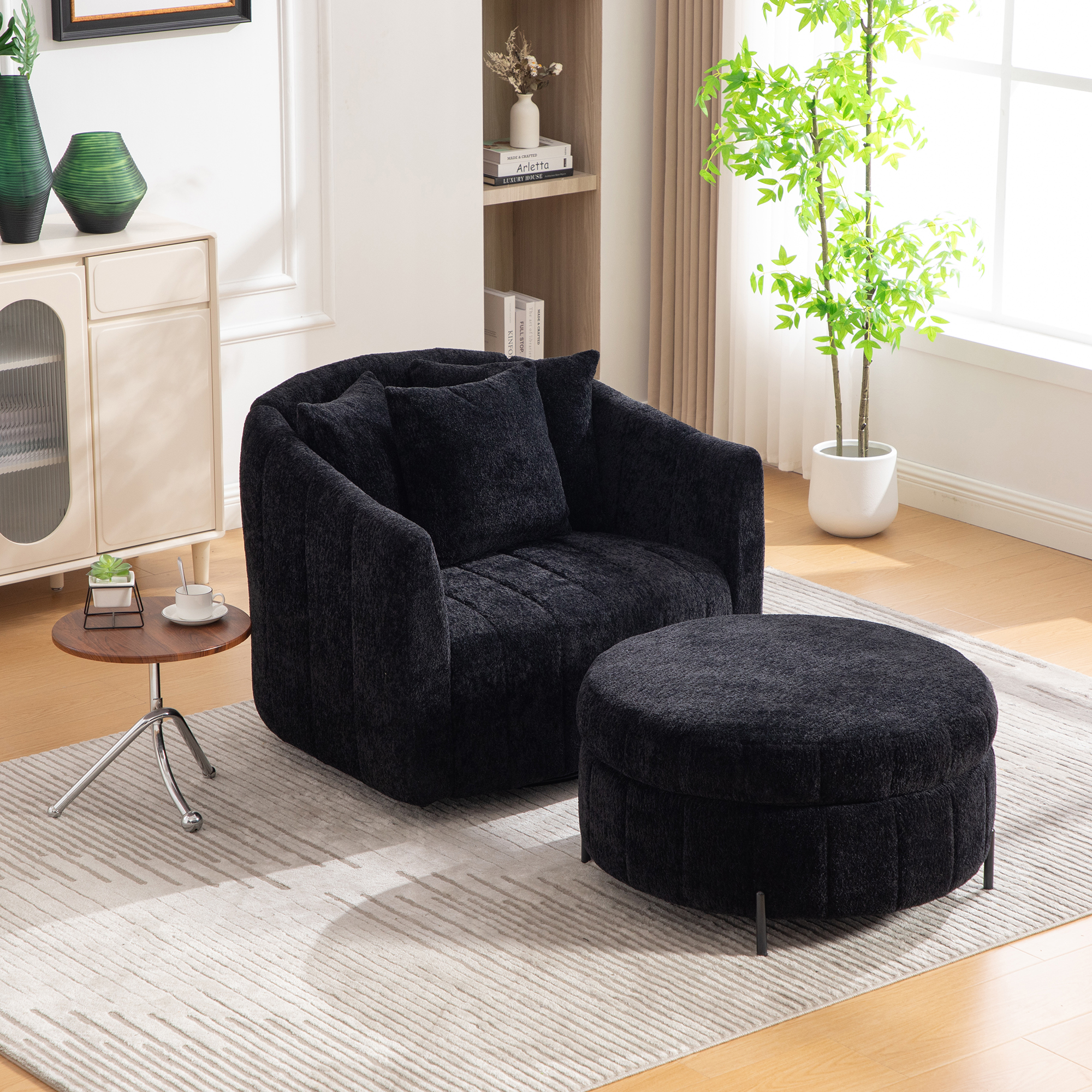39"W Oversized 360° Swivel Accent Barrel Chair and Half Sofa with Round Ottoman Set, Chenille Channel Tufted Pumpkin Club Armchair & Pillows with Storage Stool for Living Room, Bedroom, Lounge, Black - Image 4
