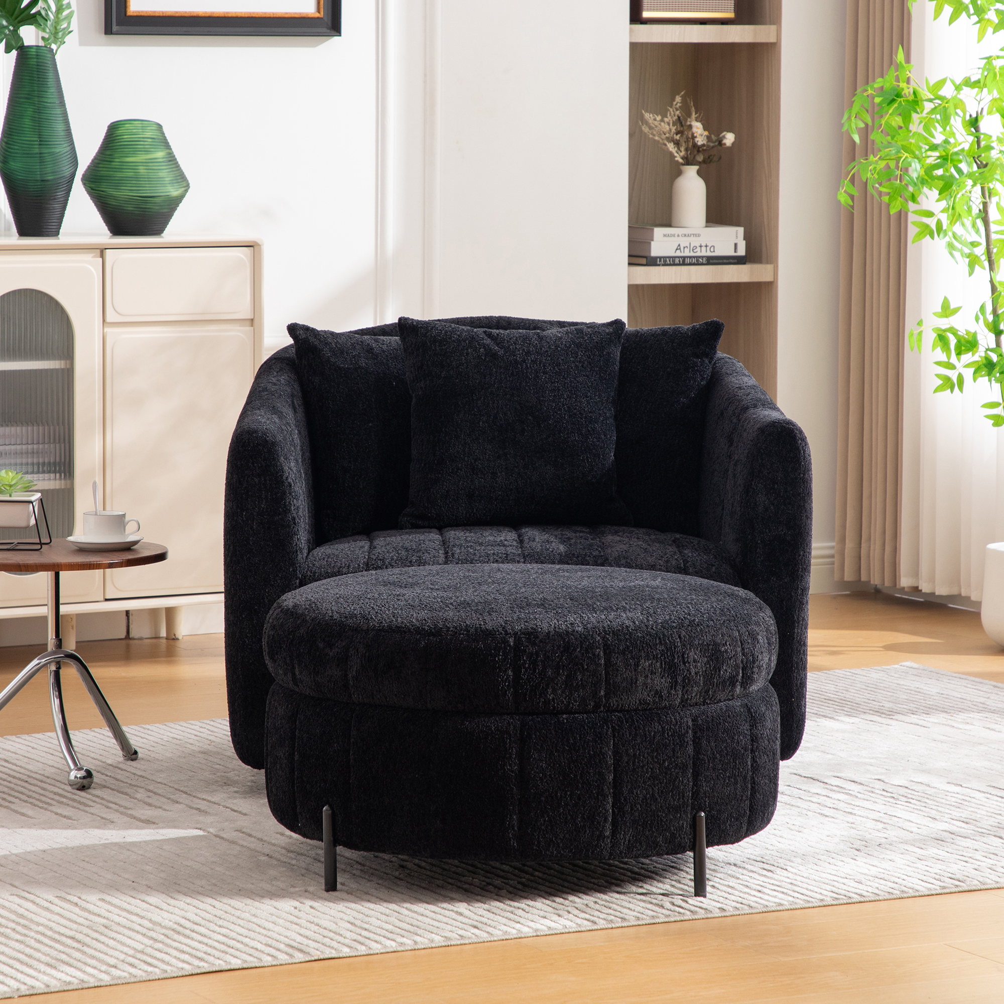 39"W Oversized 360° Swivel Accent Barrel Chair and Half Sofa with Round Ottoman Set, Chenille Channel Tufted Pumpkin Club Armchair & Pillows with Storage Stool for Living Room, Bedroom, Lounge, Black - Image 5