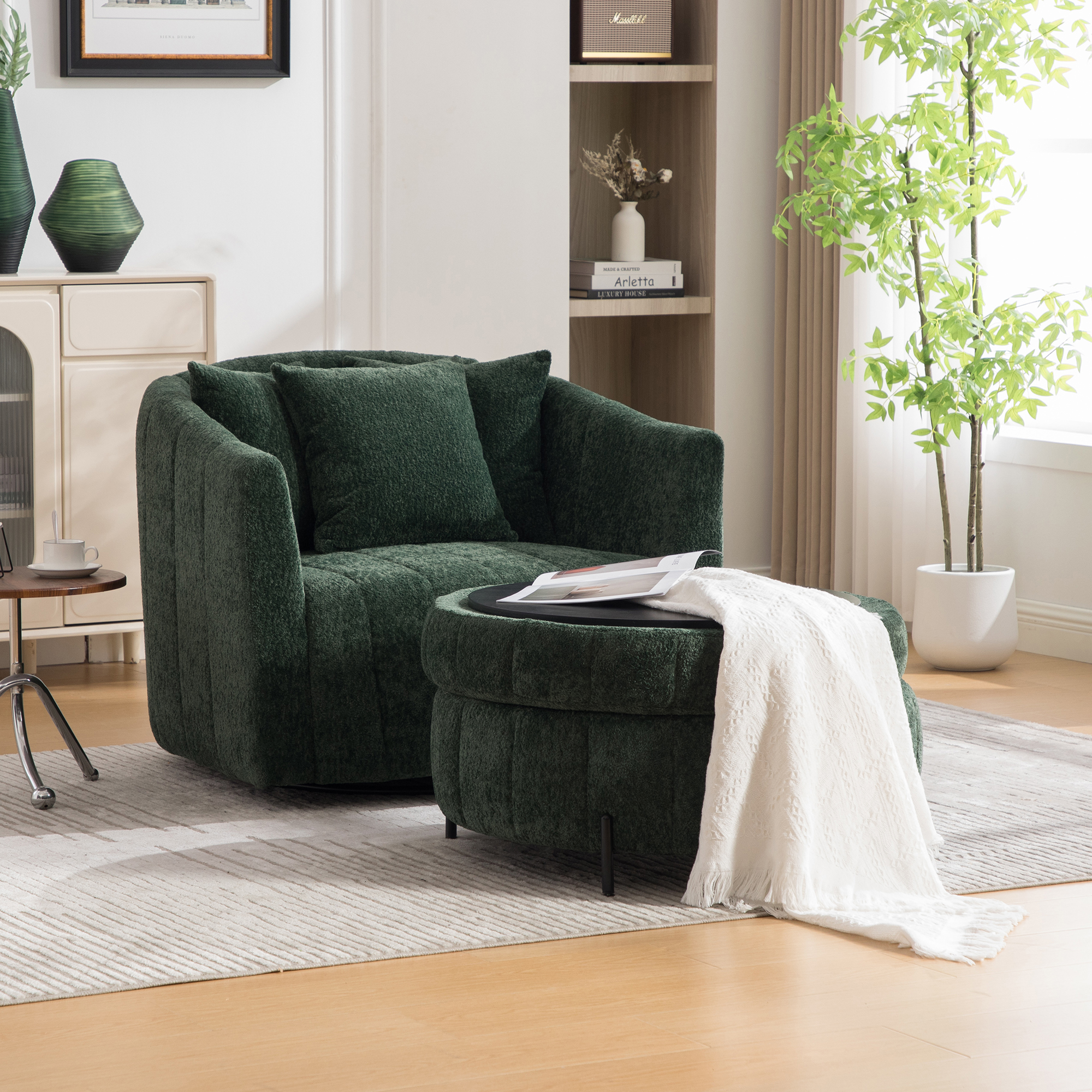 39″W Oversized 360° Swivel Accent Barrel Chair and Half Sofa with Round Ottoman Set, Chenille Channel Tufted Pumpkin Club Armchair 3 Pillows with Storage Stool for Living Room, Bedroom, Lounge, Green