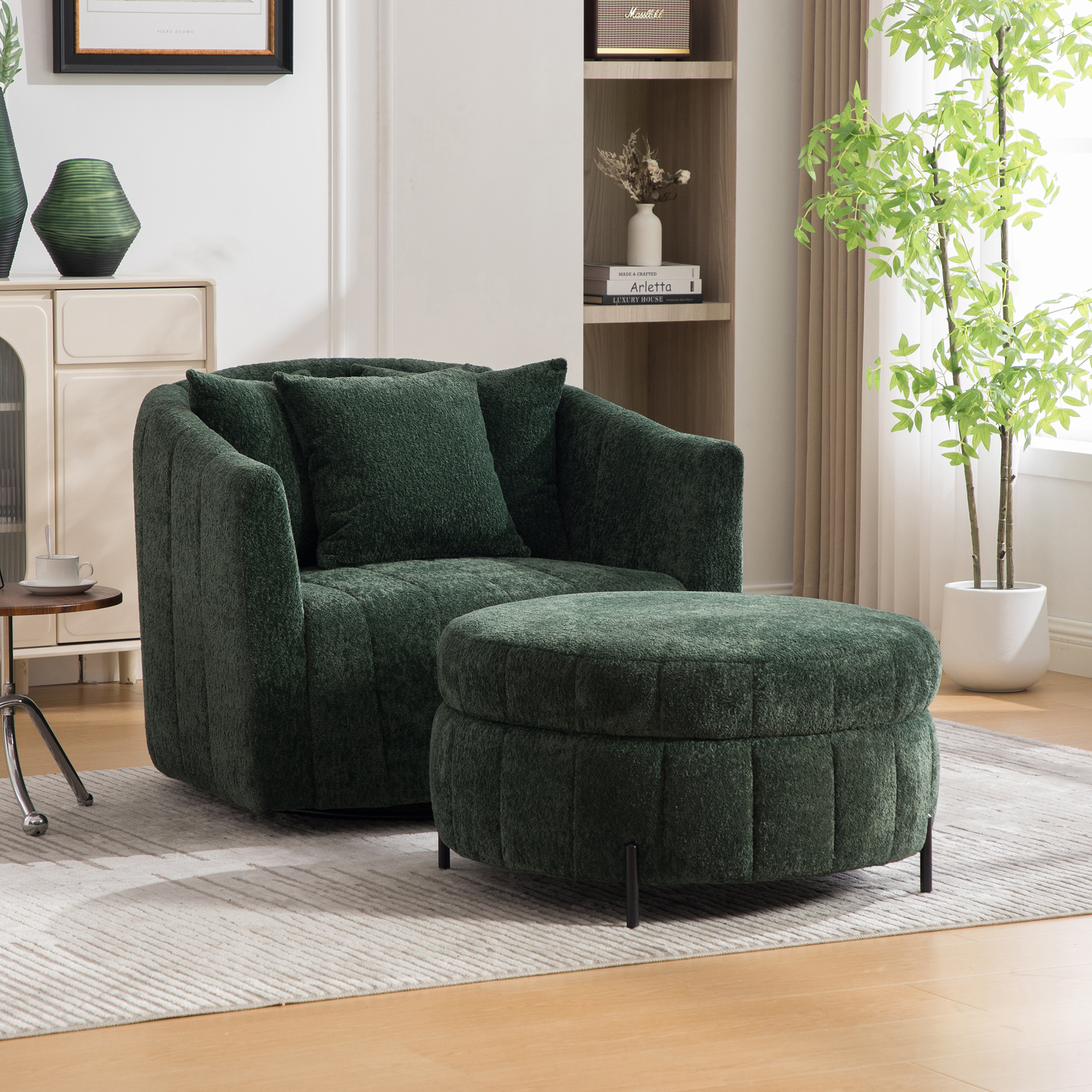 39"W Oversized 360° Swivel Accent Barrel Chair and Half Sofa with Round Ottoman Set, Chenille Channel Tufted Pumpkin Club Armchair 3 Pillows with Storage Stool for Living Room, Bedroom, Lounge, Green - Image 2