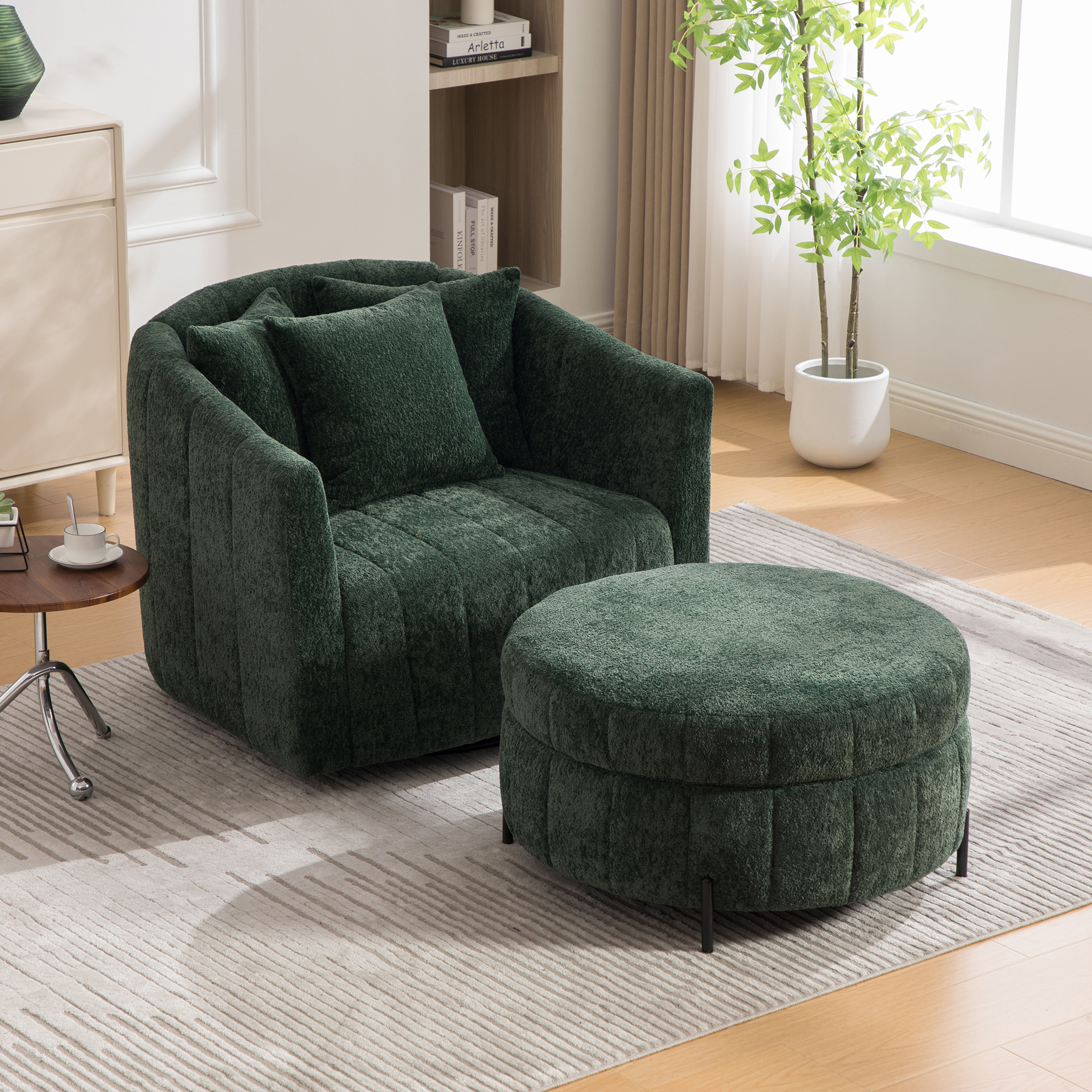 39"W Oversized 360° Swivel Accent Barrel Chair and Half Sofa with Round Ottoman Set, Chenille Channel Tufted Pumpkin Club Armchair 3 Pillows with Storage Stool for Living Room, Bedroom, Lounge, Green - Image 4