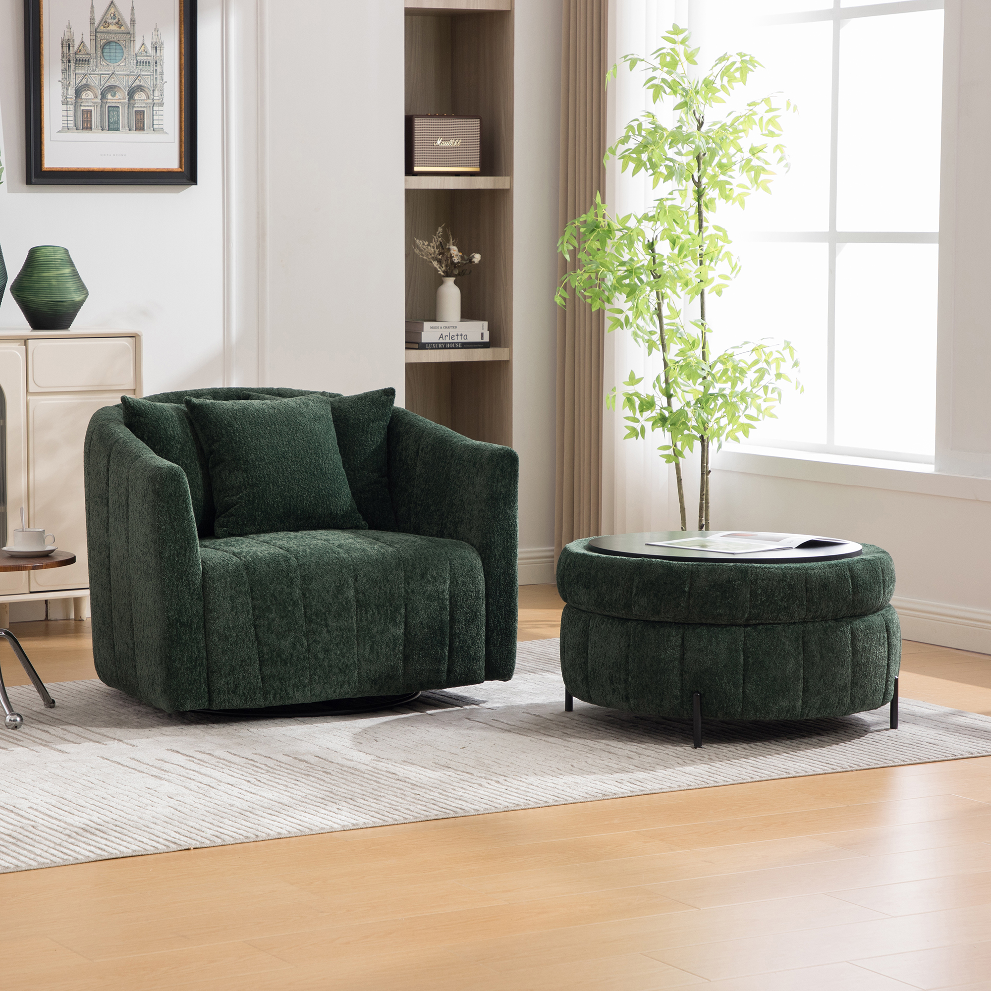 39"W Oversized 360° Swivel Accent Barrel Chair and Half Sofa with Round Ottoman Set, Chenille Channel Tufted Pumpkin Club Armchair 3 Pillows with Storage Stool for Living Room, Bedroom, Lounge, Green - Image 3