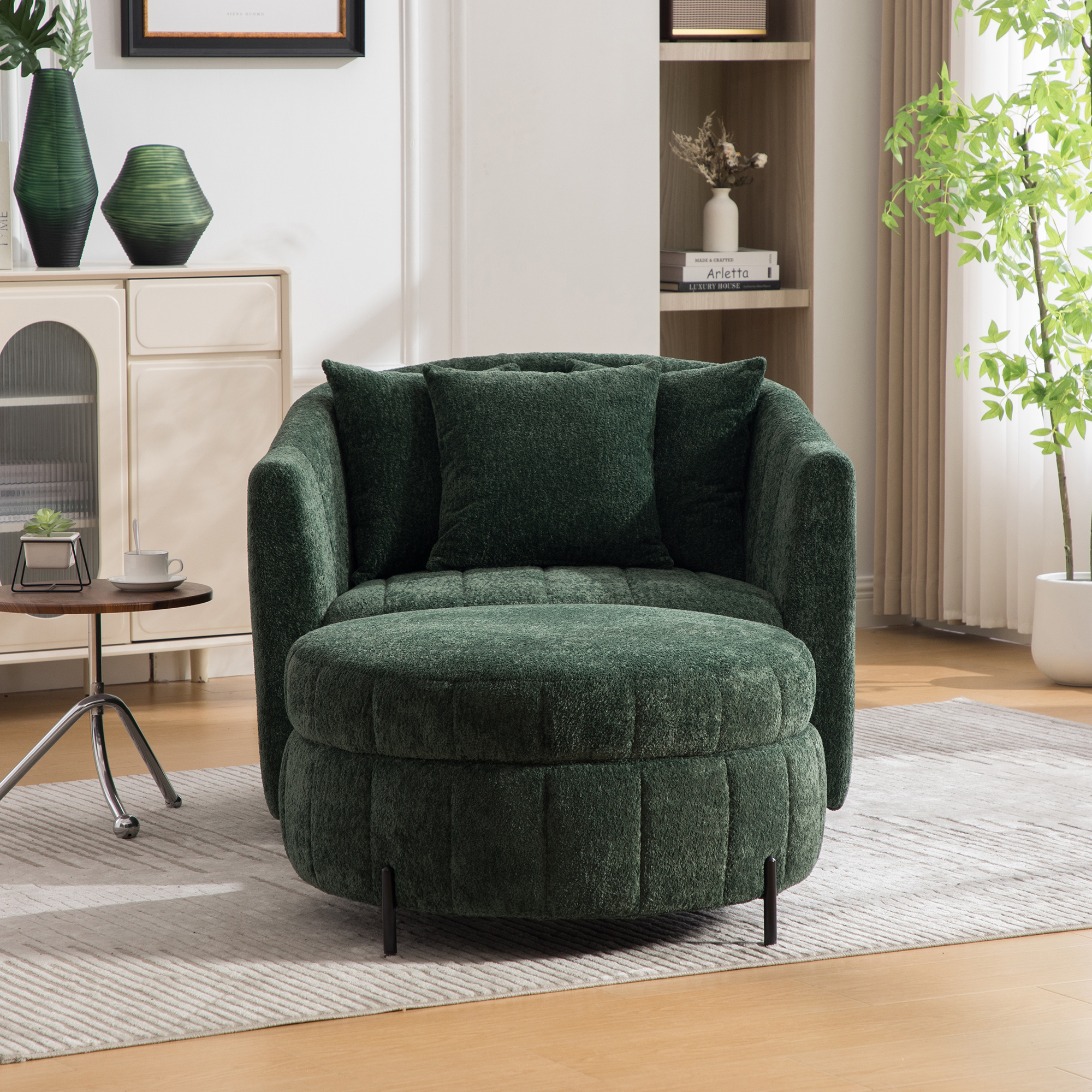 39"W Oversized 360° Swivel Accent Barrel Chair and Half Sofa with Round Ottoman Set, Chenille Channel Tufted Pumpkin Club Armchair 3 Pillows with Storage Stool for Living Room, Bedroom, Lounge, Green - Image 5