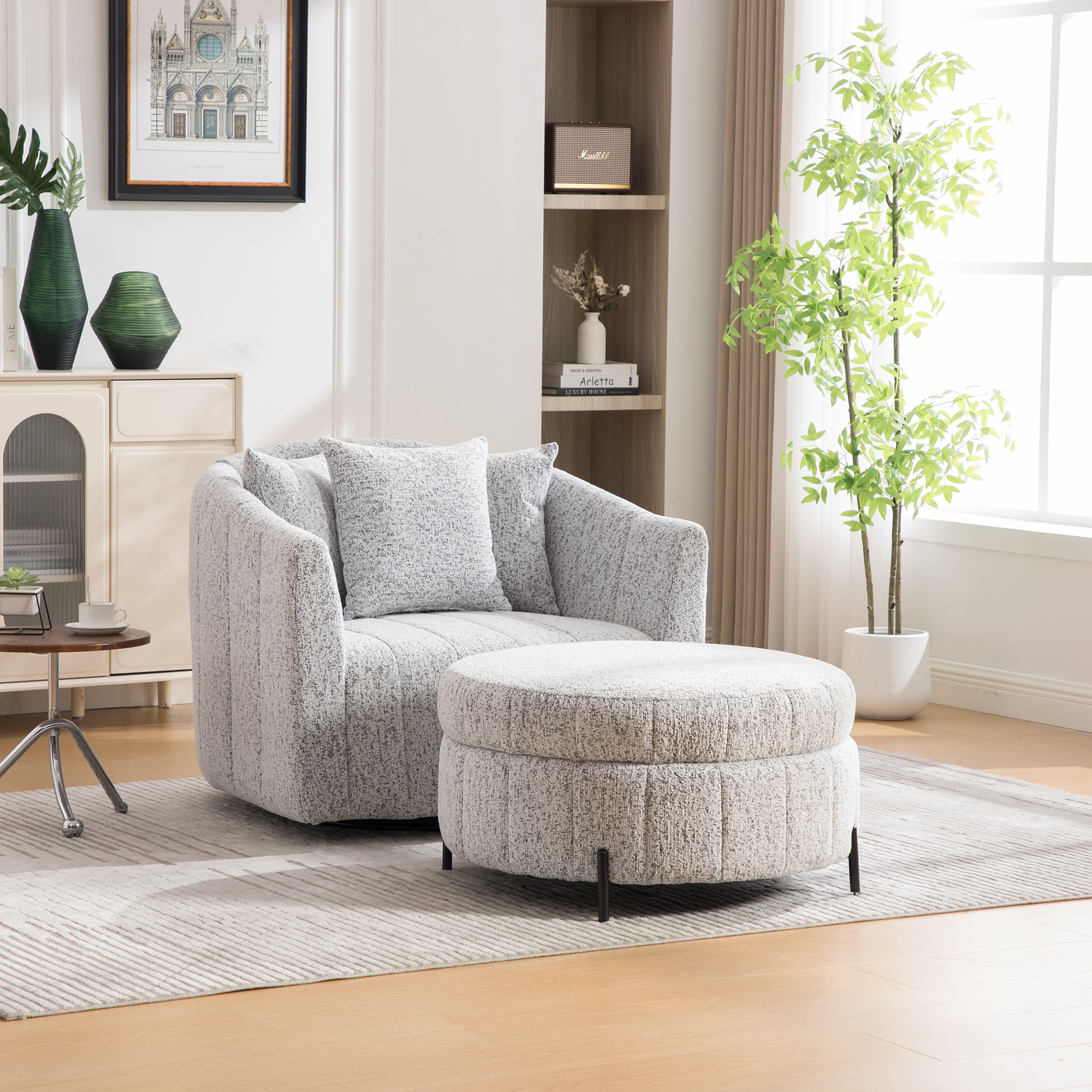 39"W Oversized 360° Swivel Accent Barrel Chair and Half Sofa with Round Ottoman, Chenille Channel Tufted Pumpkin Club Armchair Pillows with Storage Stool for Living Room, Bedroom, Lounge, White-Black - Image 2