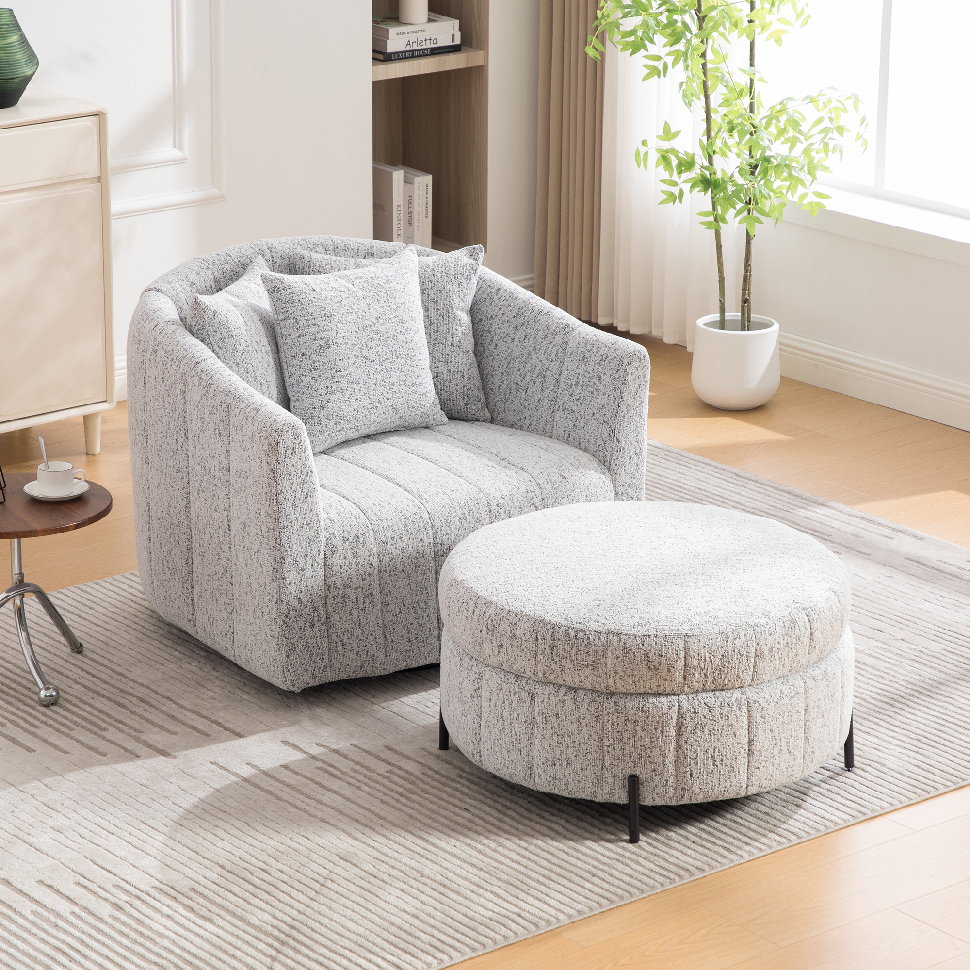 39"W Oversized 360° Swivel Accent Barrel Chair and Half Sofa with Round Ottoman, Chenille Channel Tufted Pumpkin Club Armchair Pillows with Storage Stool for Living Room, Bedroom, Lounge, White-Black - Image 3
