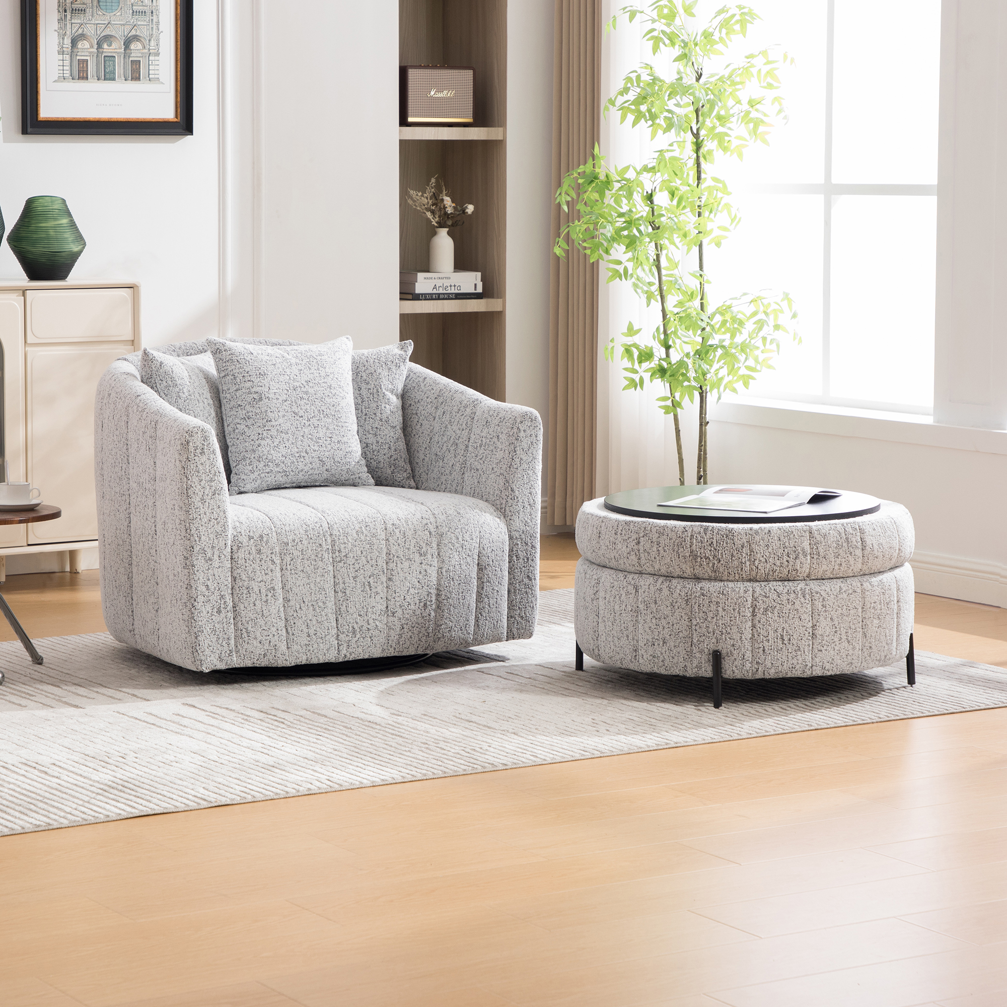 39"W Oversized 360° Swivel Accent Barrel Chair and Half Sofa with Round Ottoman, Chenille Channel Tufted Pumpkin Club Armchair Pillows with Storage Stool for Living Room, Bedroom, Lounge, White-Black - Image 4
