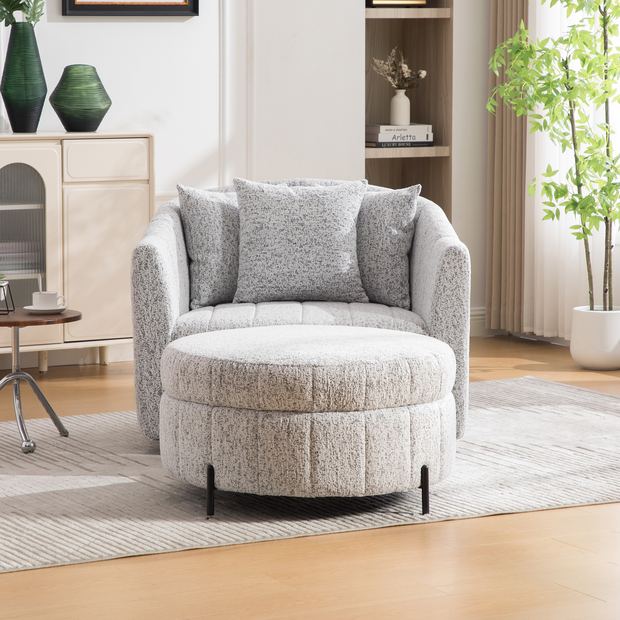 39"W Oversized 360° Swivel Accent Barrel Chair and Half Sofa with Round Ottoman, Chenille Channel Tufted Pumpkin Club Armchair Pillows with Storage Stool for Living Room, Bedroom, Lounge, White-Black - Image 5