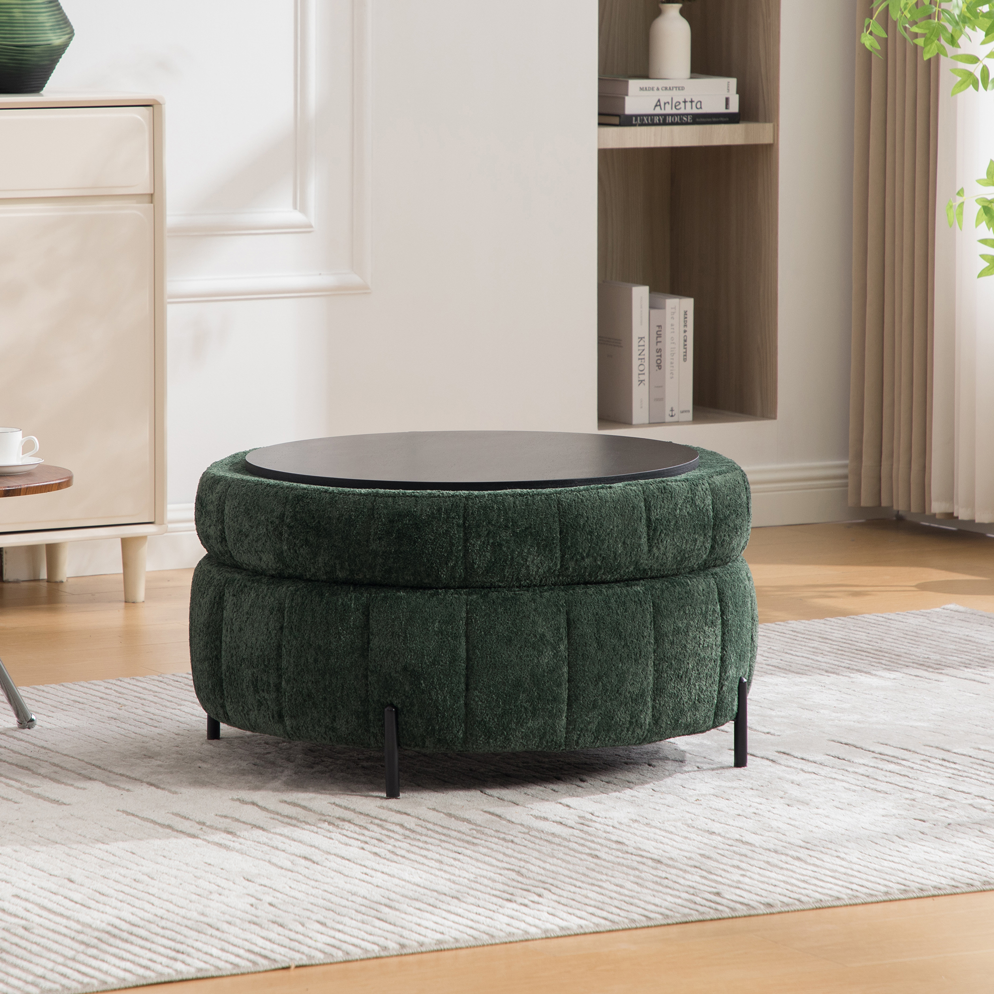 31.3"W Upholstered Round Ottoman With Reversible Lid, Chenille Storage Stool, Channel Tufted Pumpkin-shape Footstool for Living room, Bedroom and Office, Green - Image 2