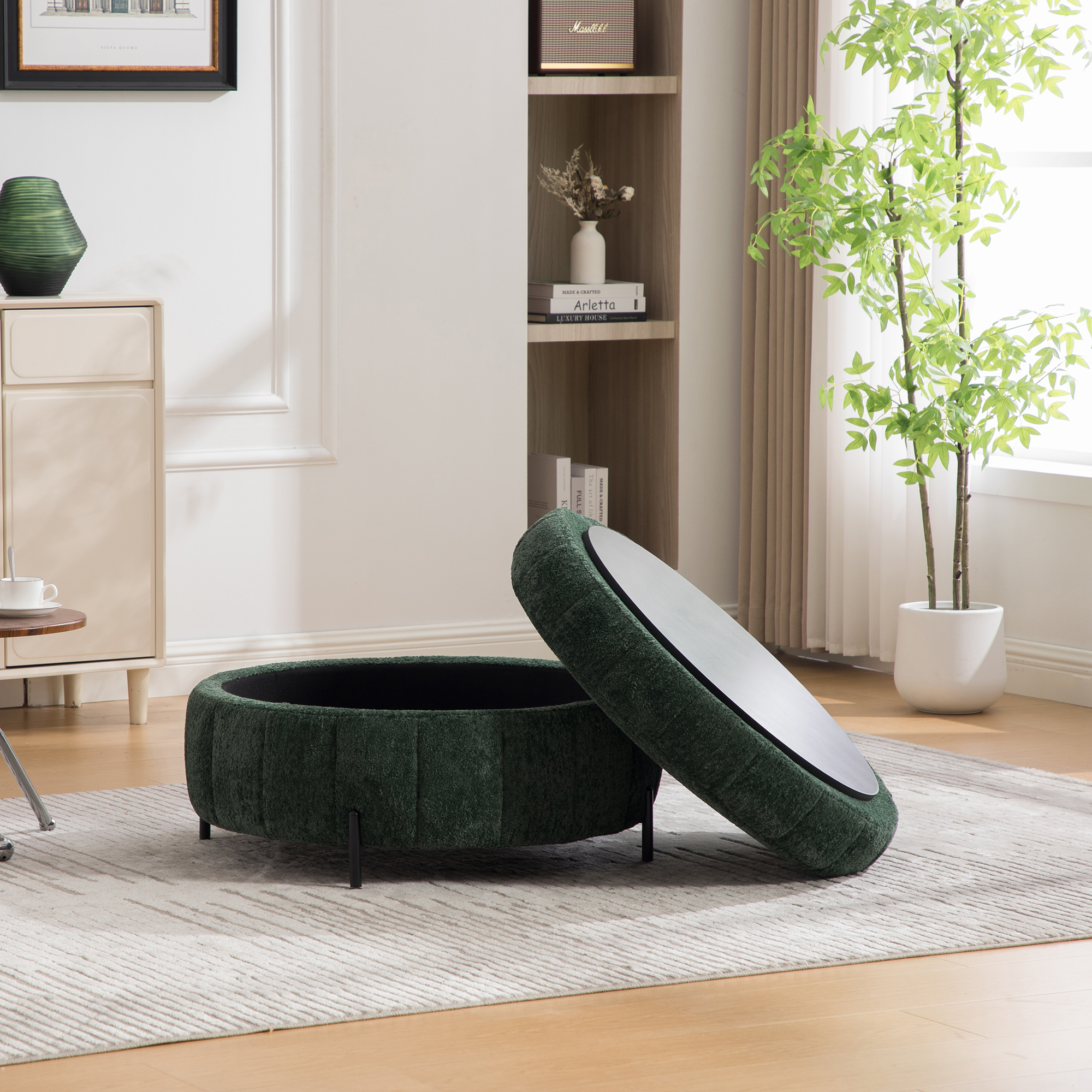 31.3"W Upholstered Round Ottoman With Reversible Lid, Chenille Storage Stool, Channel Tufted Pumpkin-shape Footstool for Living room, Bedroom and Office, Green - Image 3