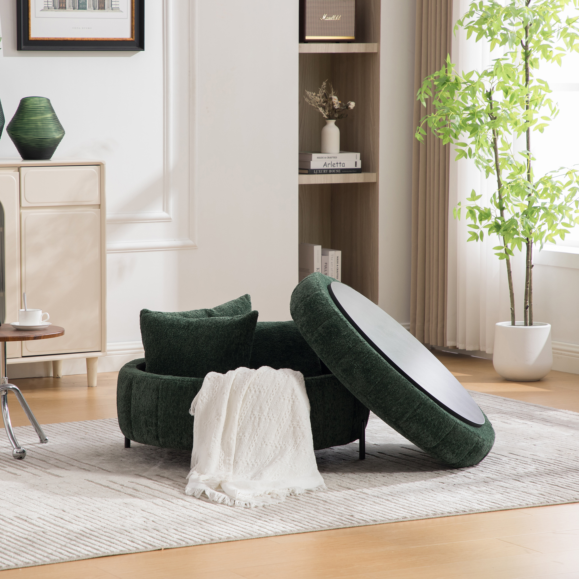 31.3"W Upholstered Round Ottoman With Reversible Lid, Chenille Storage Stool, Channel Tufted Pumpkin-shape Footstool for Living room, Bedroom and Office, Green - Image 5