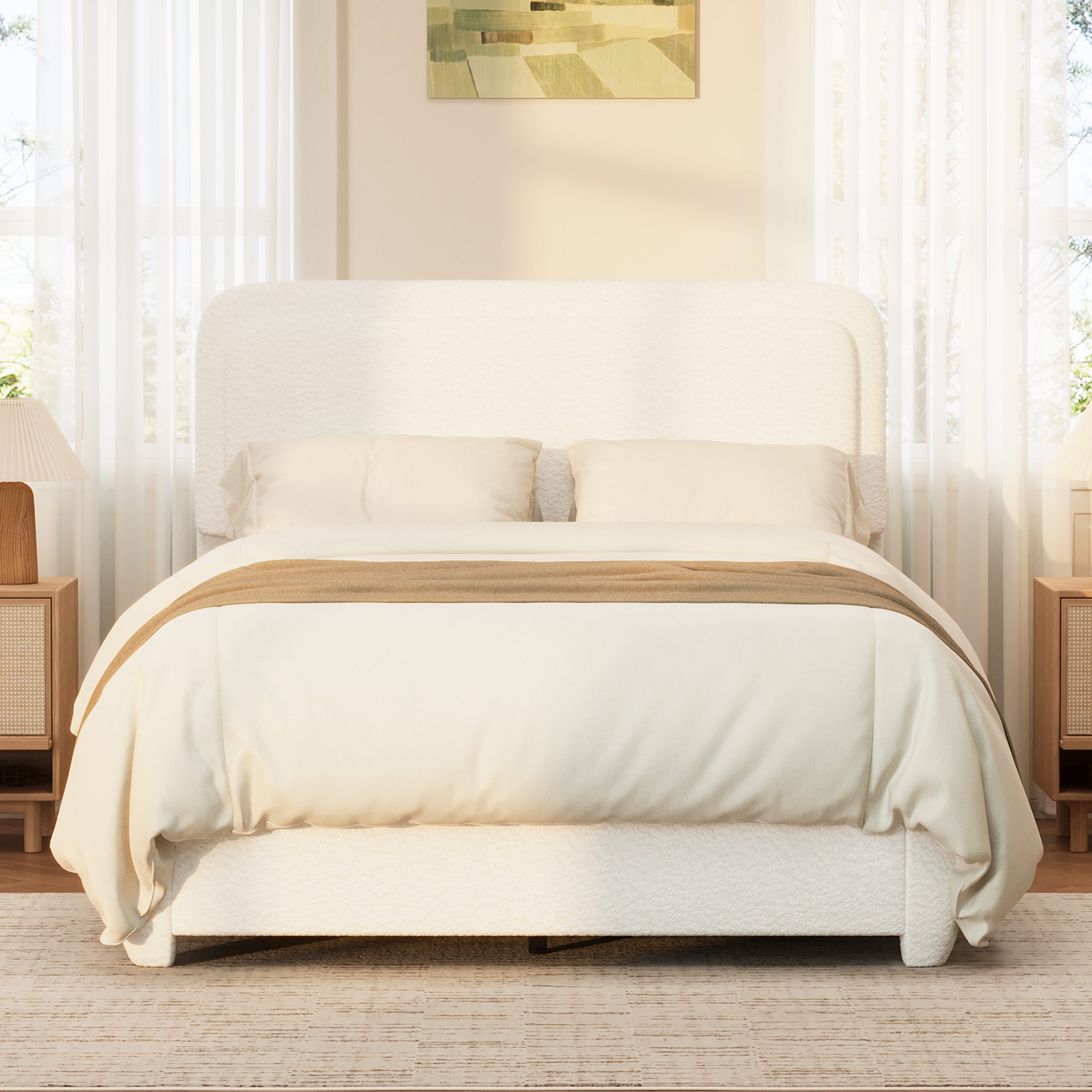 Boucle Full Bed Frame with Adjustable Height Headboard, Modern Platform Bed with Curved Cloud Headboard, Elegant Boucle Fabric Low Profile Platform Bed, No Box Spring Needed, Easy Assembly, White - Image 2