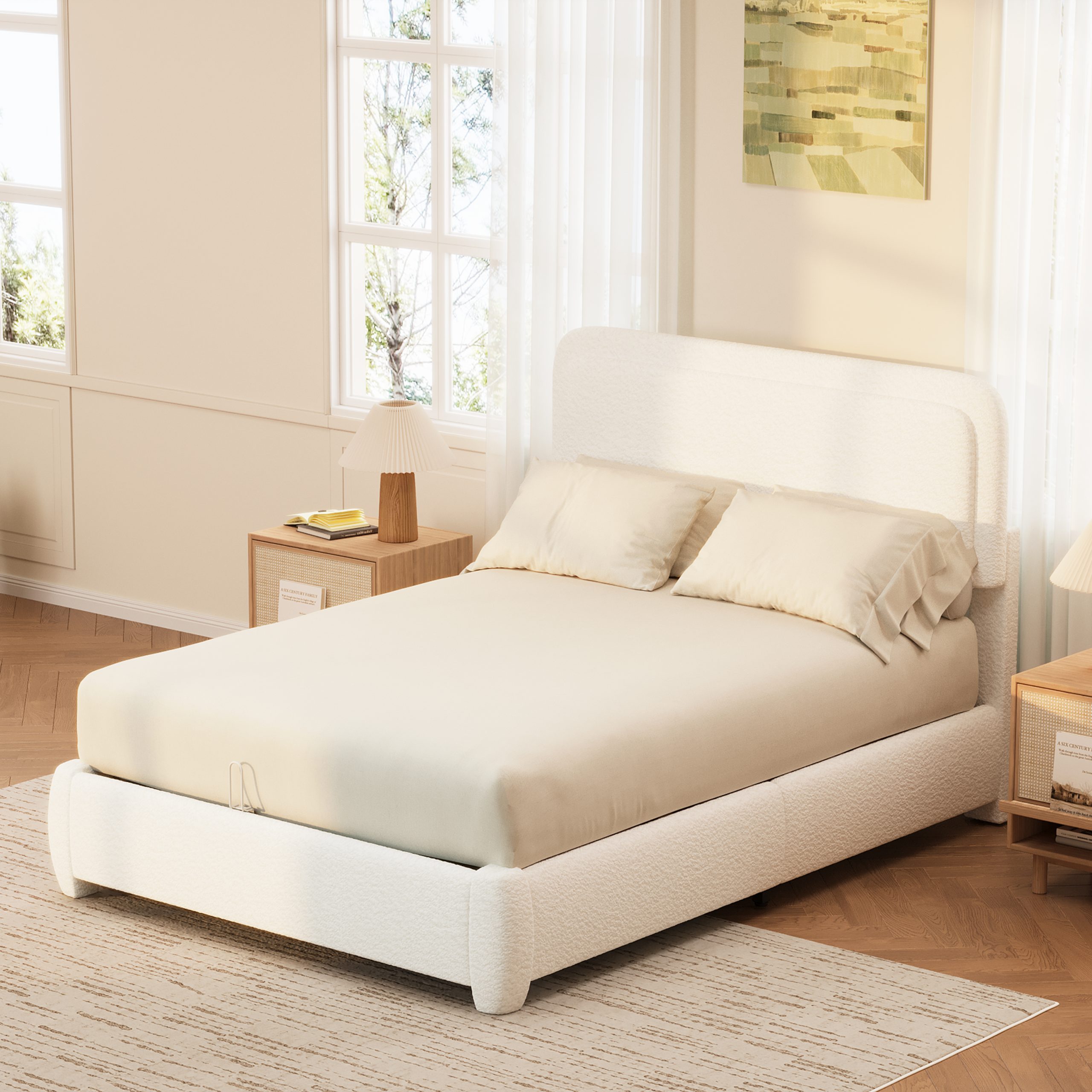 Boucle Full Bed Frame with Adjustable Height Headboard, Modern Platform Bed with Curved Cloud Headboard, Elegant Boucle Fabric Low Profile Platform Bed, No Box Spring Needed, Easy Assembly, White - Image 3