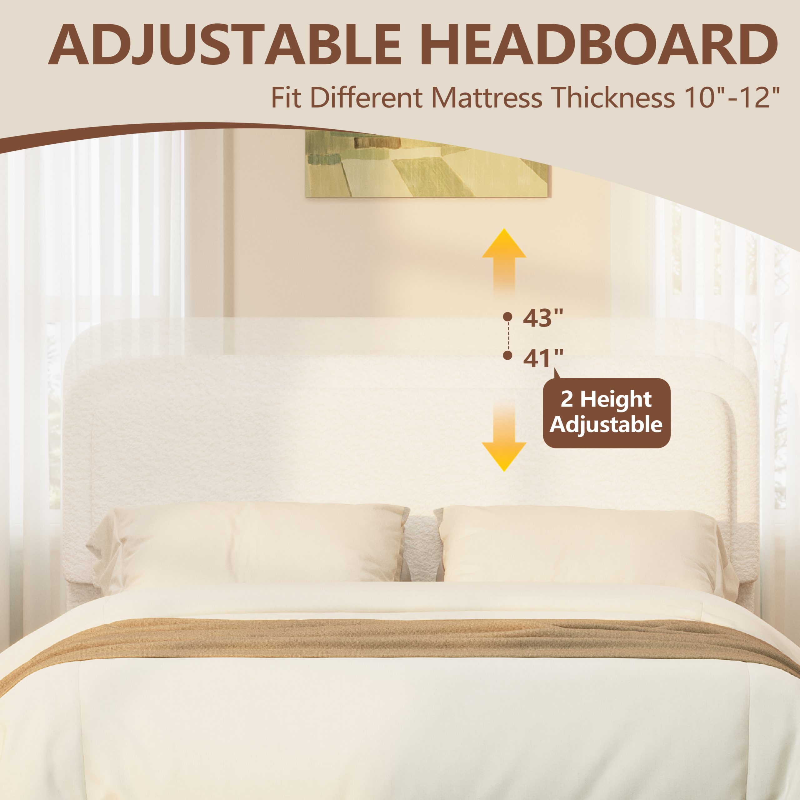 Boucle Full Bed Frame with Adjustable Height Headboard, Modern Platform Bed with Curved Cloud Headboard, Elegant Boucle Fabric Low Profile Platform Bed, No Box Spring Needed, Easy Assembly, White - Image 4
