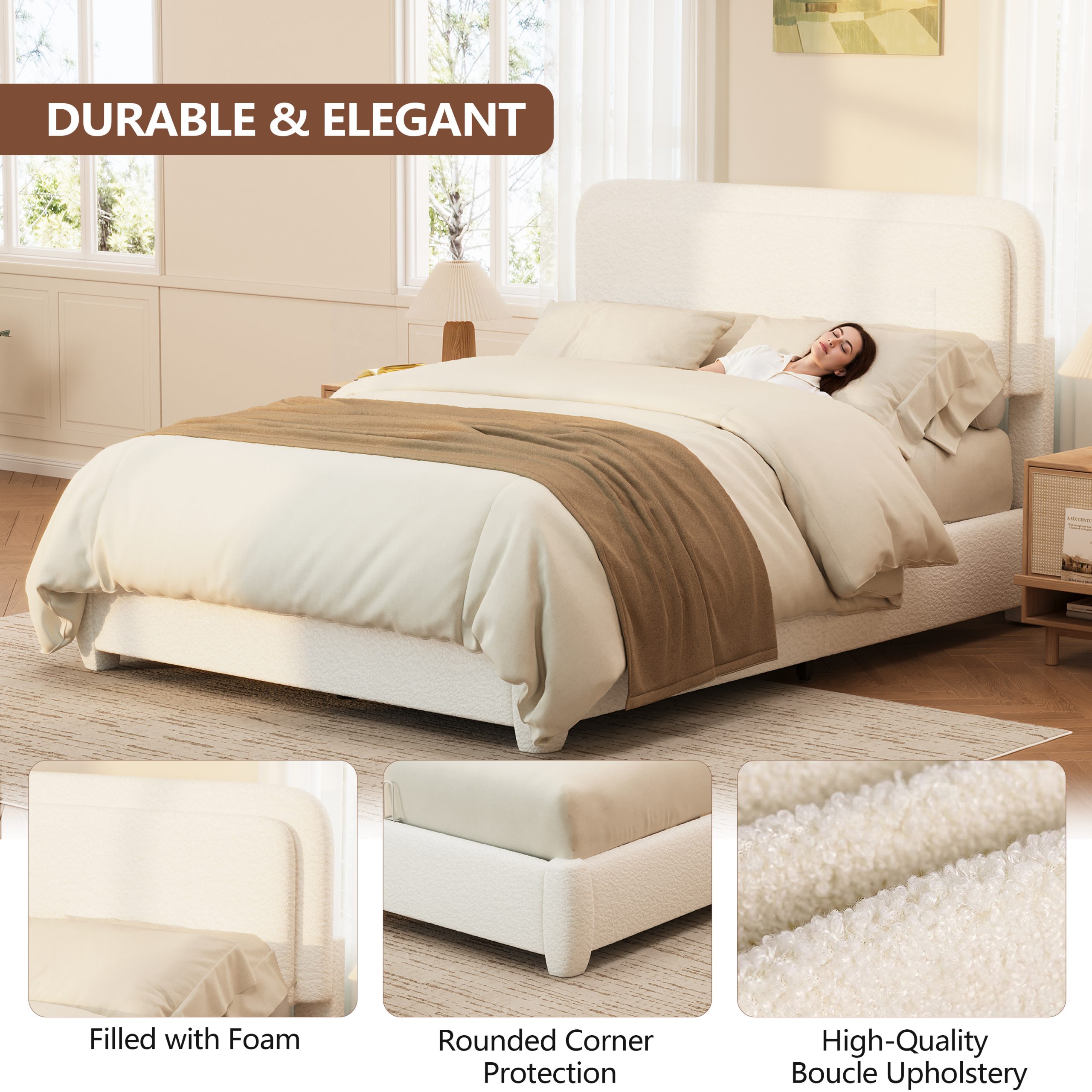 Boucle Full Bed Frame with Adjustable Height Headboard, Modern Platform Bed with Curved Cloud Headboard, Elegant Boucle Fabric Low Profile Platform Bed, No Box Spring Needed, Easy Assembly, White - Image 5