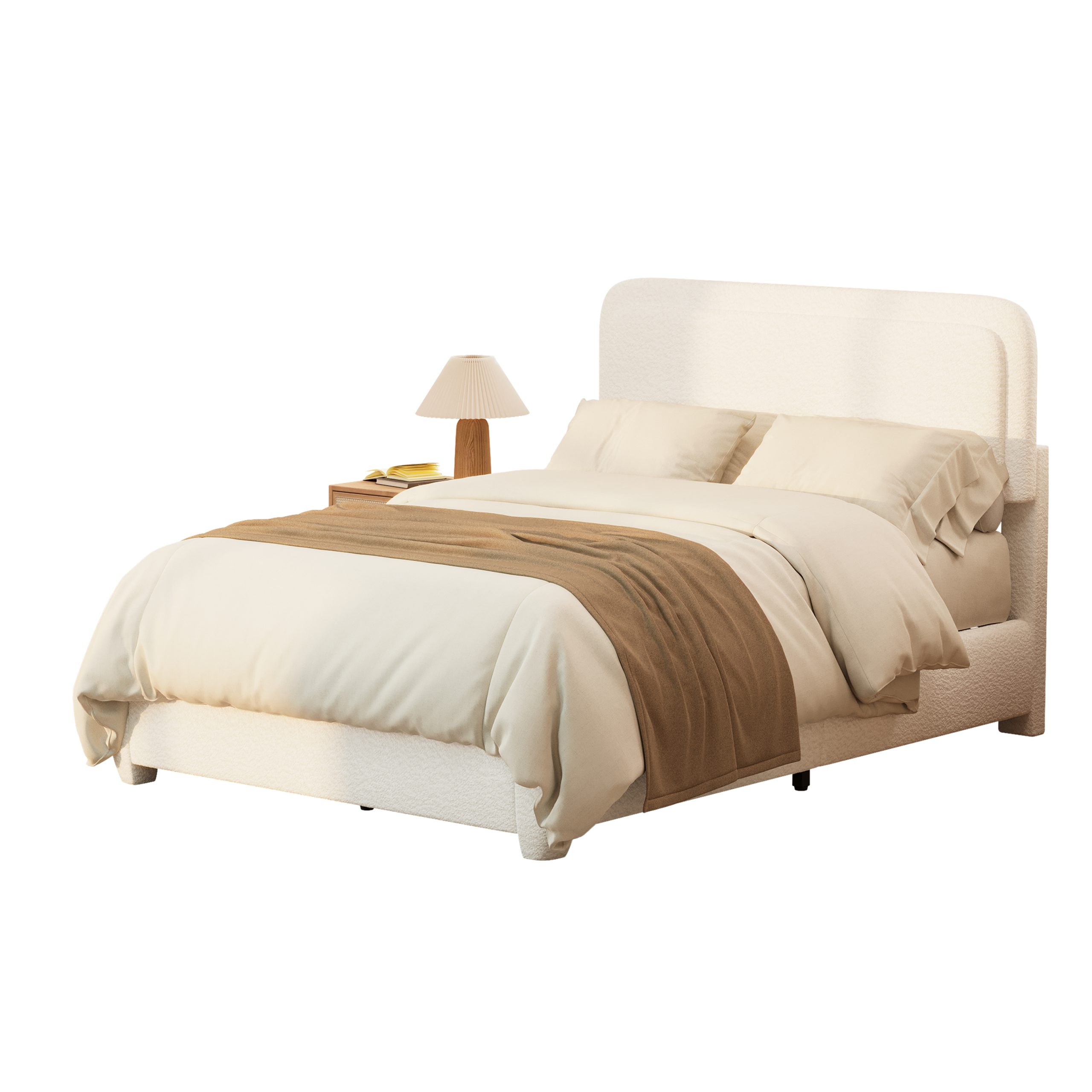 Boucle Full Bed Frame with Adjustable Height Headboard, Modern Platform Bed with Curved Cloud Headboard, Elegant Boucle Fabric Low Profile Platform Bed, No Box Spring Needed, Easy Assembly, White - Image 6