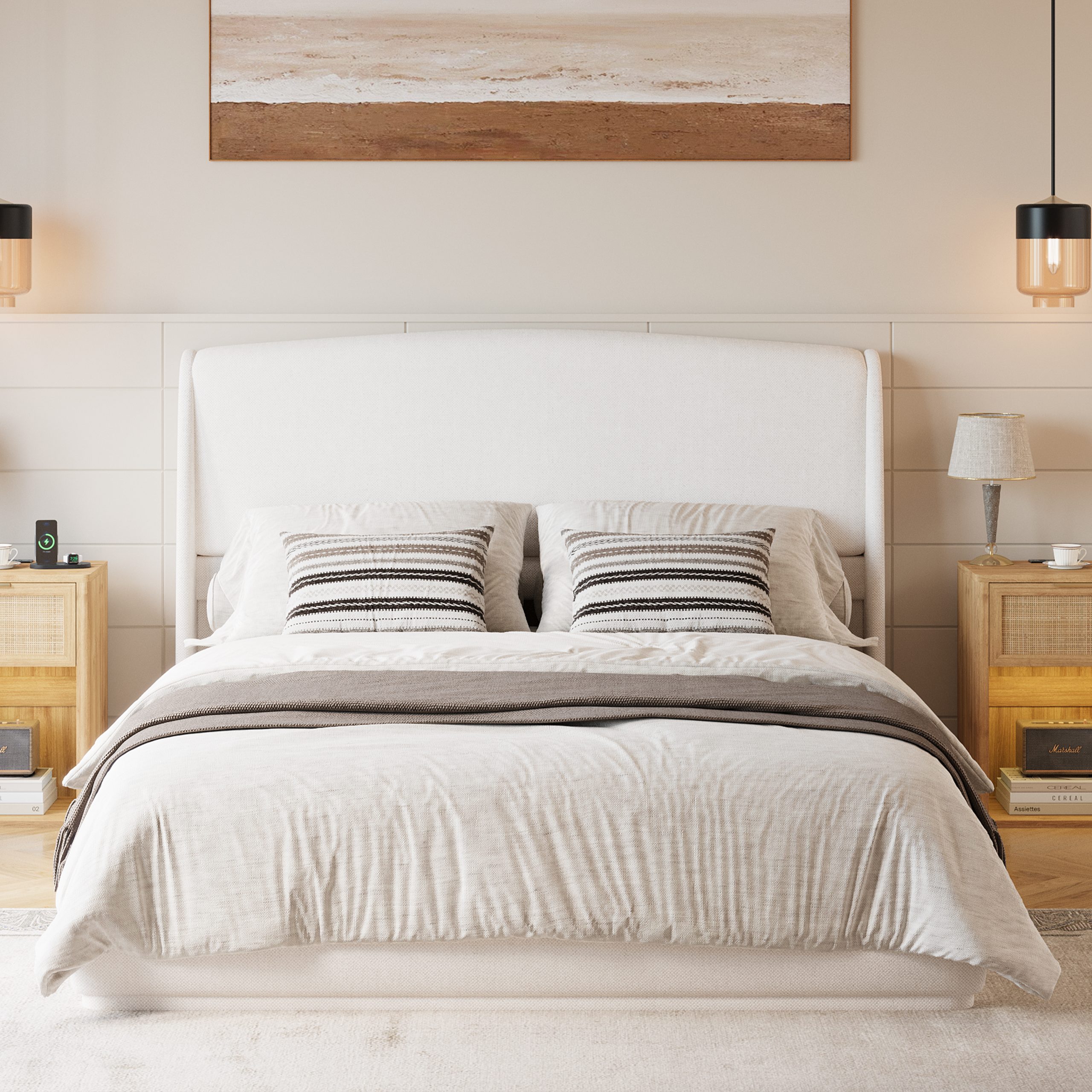 Upholstered Queen Bed Frame with Wingback Headboard, Low Profile Platform Bed with Padded Headboard, No Box Spring Needed, Easy Assembly, Elegant Linen Fabric, Beige - Image 2