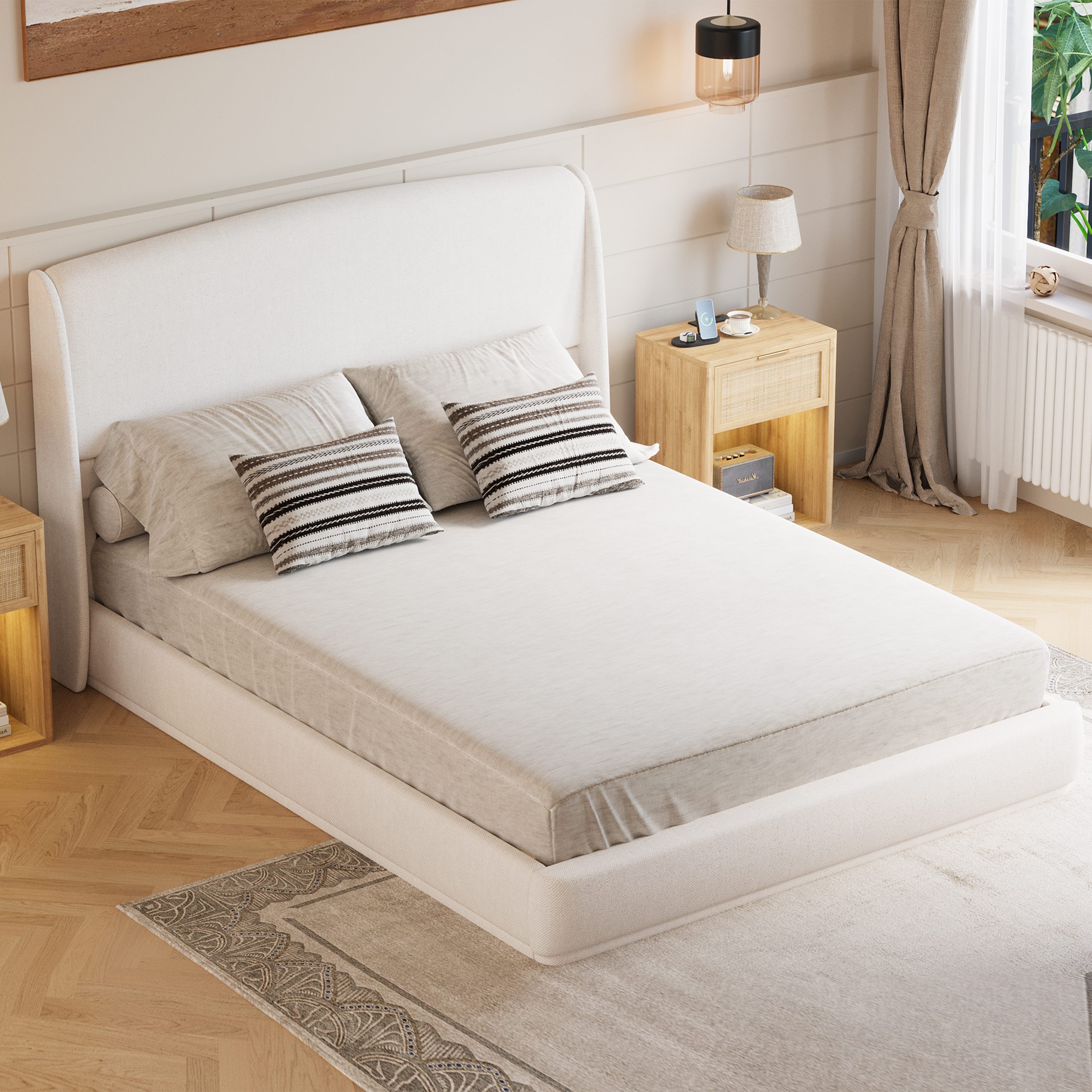 Upholstered Queen Bed Frame with Wingback Headboard, Low Profile Platform Bed with Padded Headboard, No Box Spring Needed, Easy Assembly, Elegant Linen Fabric, Beige - Image 3
