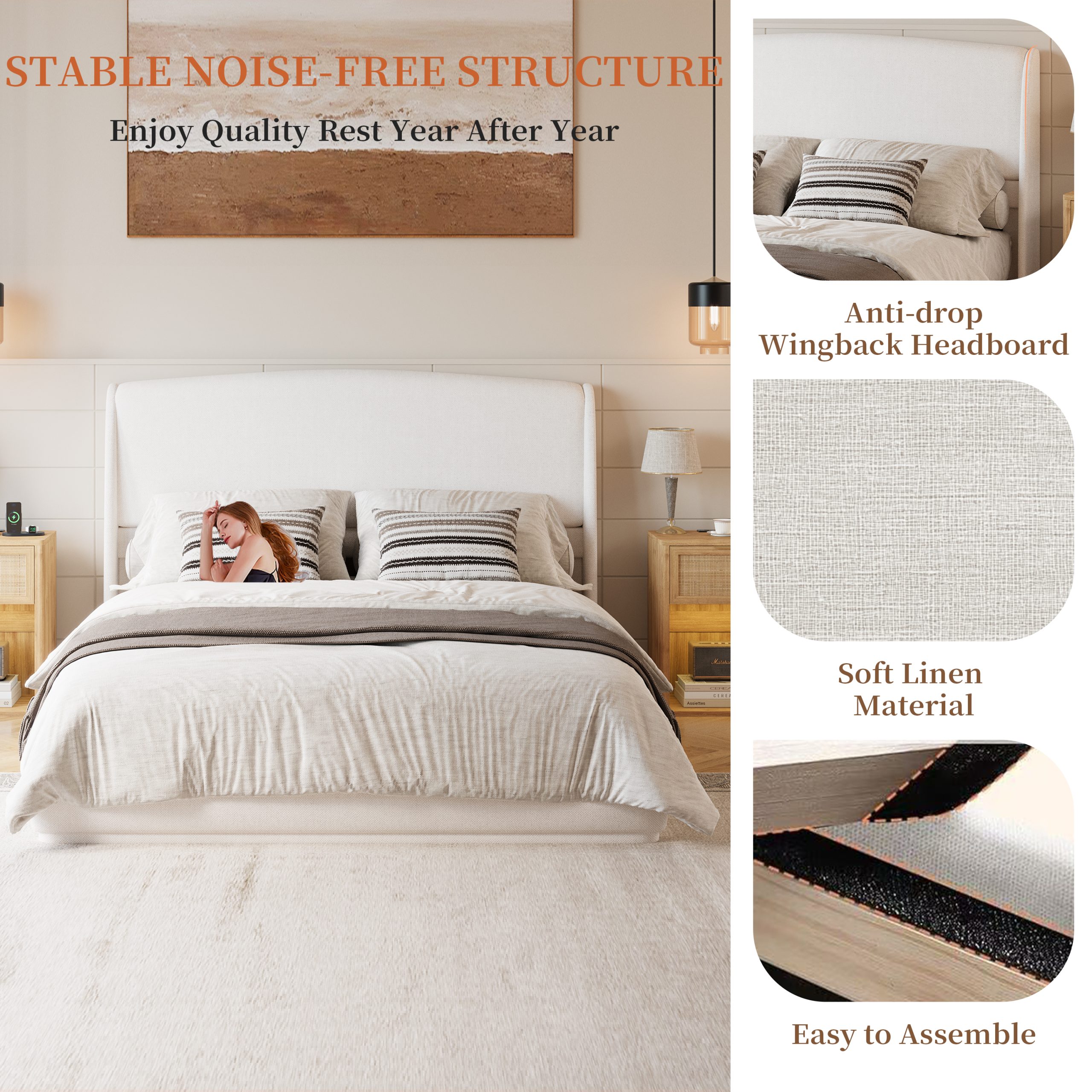 Upholstered Queen Bed Frame with Wingback Headboard, Low Profile Platform Bed with Padded Headboard, No Box Spring Needed, Easy Assembly, Elegant Linen Fabric, Beige - Image 4