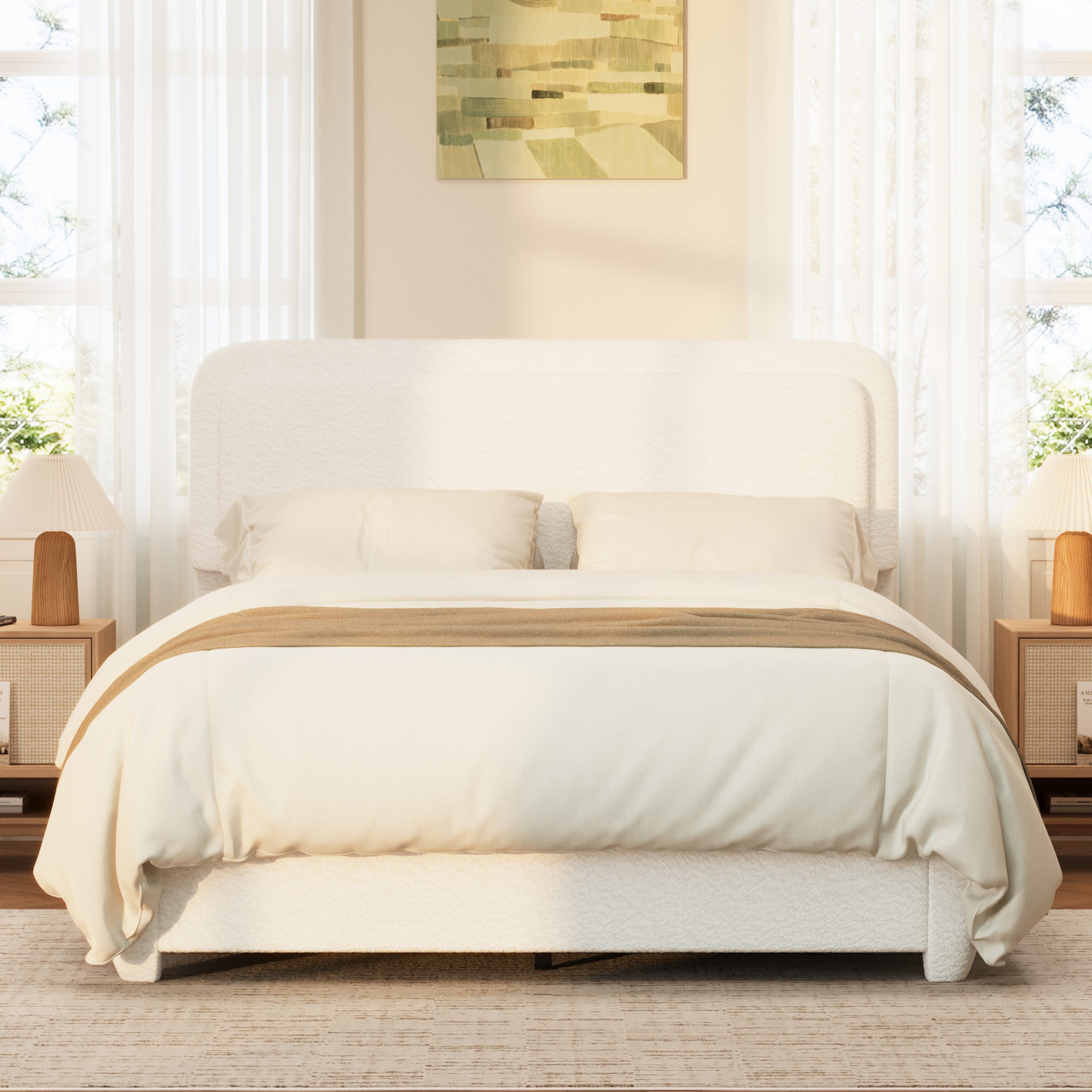 Boucle Queen Bed Frame with Adjustable Height Headboard, Modern Platform Bed with Curved Cloud Headboard, Elegant Boucle Fabric Low Profile Platform Bed, No Box Spring Needed, Easy Assembly, White - Image 2