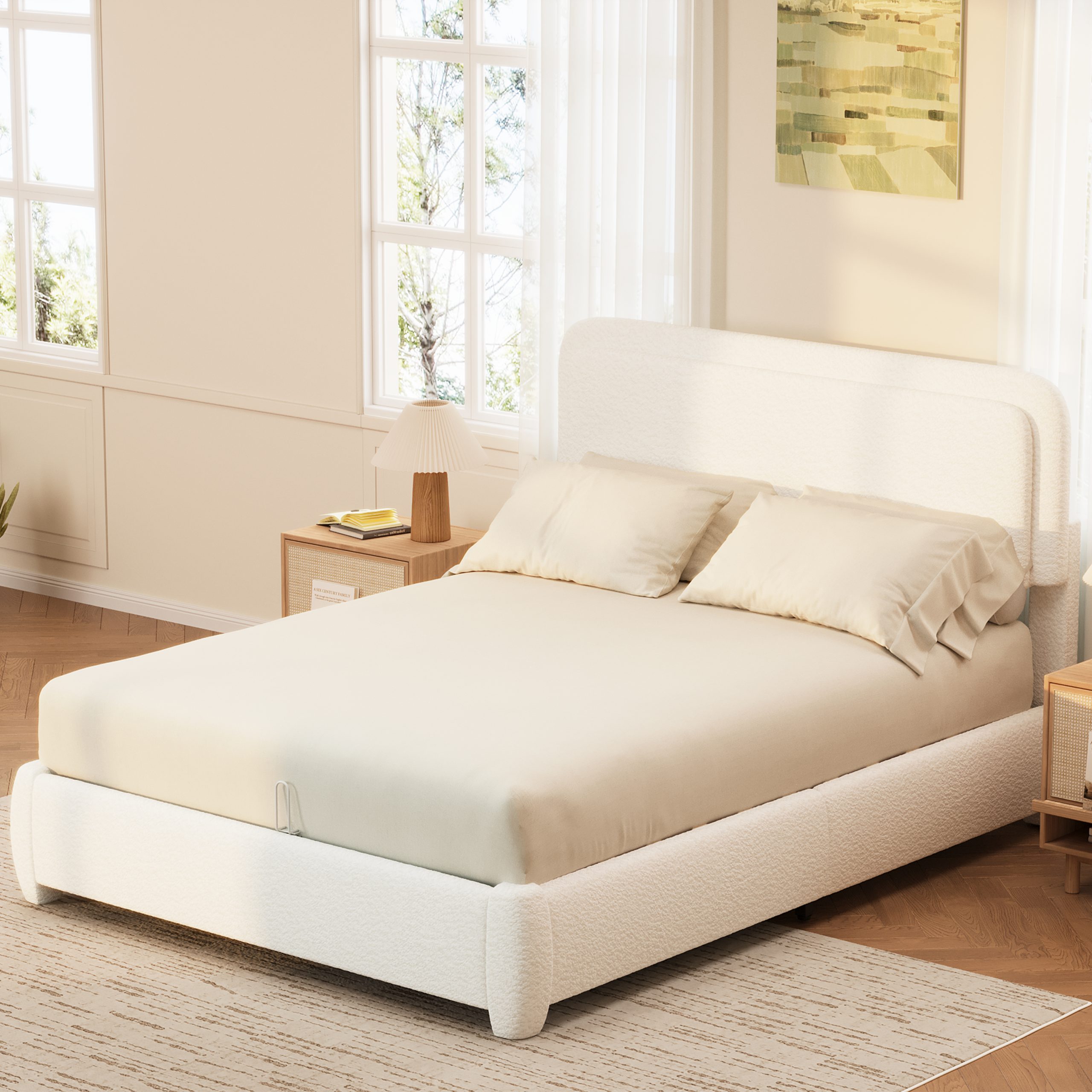 Boucle Queen Bed Frame with Adjustable Height Headboard, Modern Platform Bed with Curved Cloud Headboard, Elegant Boucle Fabric Low Profile Platform Bed, No Box Spring Needed, Easy Assembly, White - Image 3