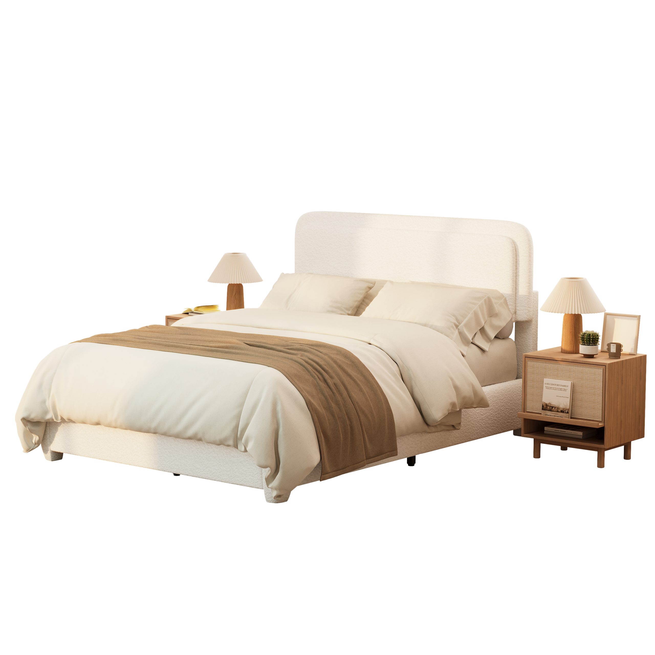 Boucle Queen Bed Frame with Adjustable Height Headboard, Modern Platform Bed with Curved Cloud Headboard, Elegant Boucle Fabric Low Profile Platform Bed, No Box Spring Needed, Easy Assembly, White - Image 6