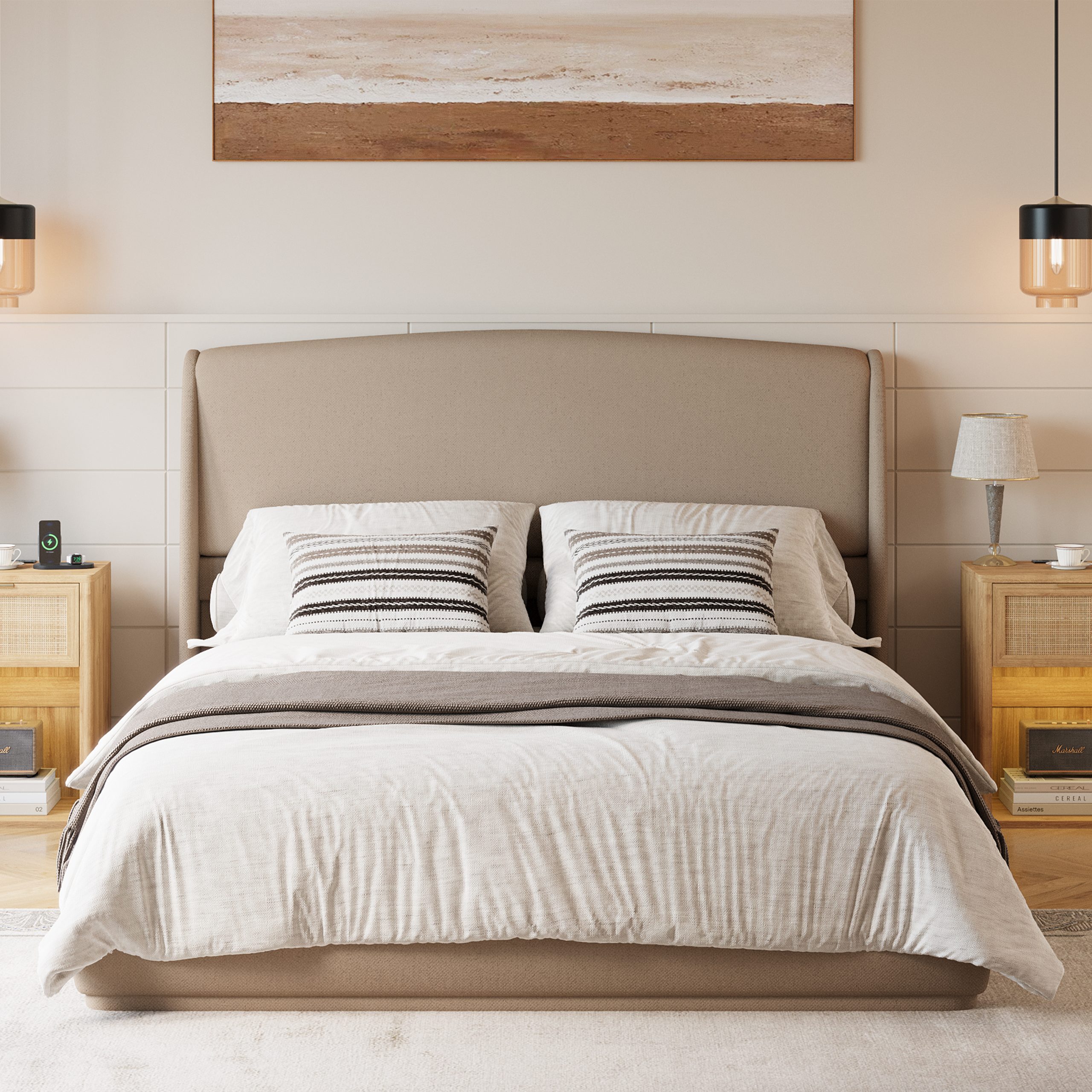 Upholstered Queen Bed Frame with Wingback Headboard, Low Profile Platform Bed with Padded Headboard, No Box Spring Needed, Easy Assembly, Elegant Linen Fabric, Brown - Image 2