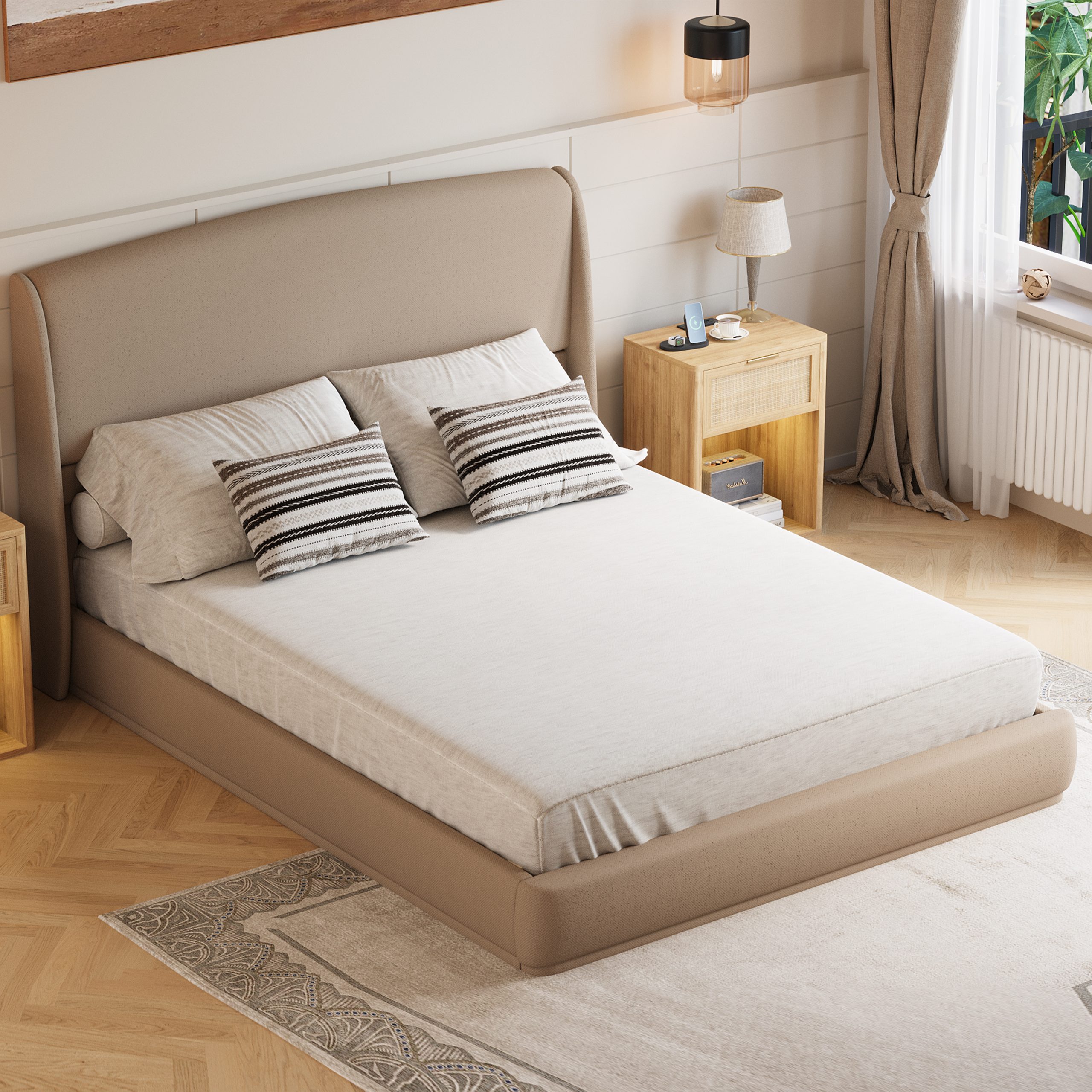Upholstered Queen Bed Frame with Wingback Headboard, Low Profile Platform Bed with Padded Headboard, No Box Spring Needed, Easy Assembly, Elegant Linen Fabric, Brown - Image 3