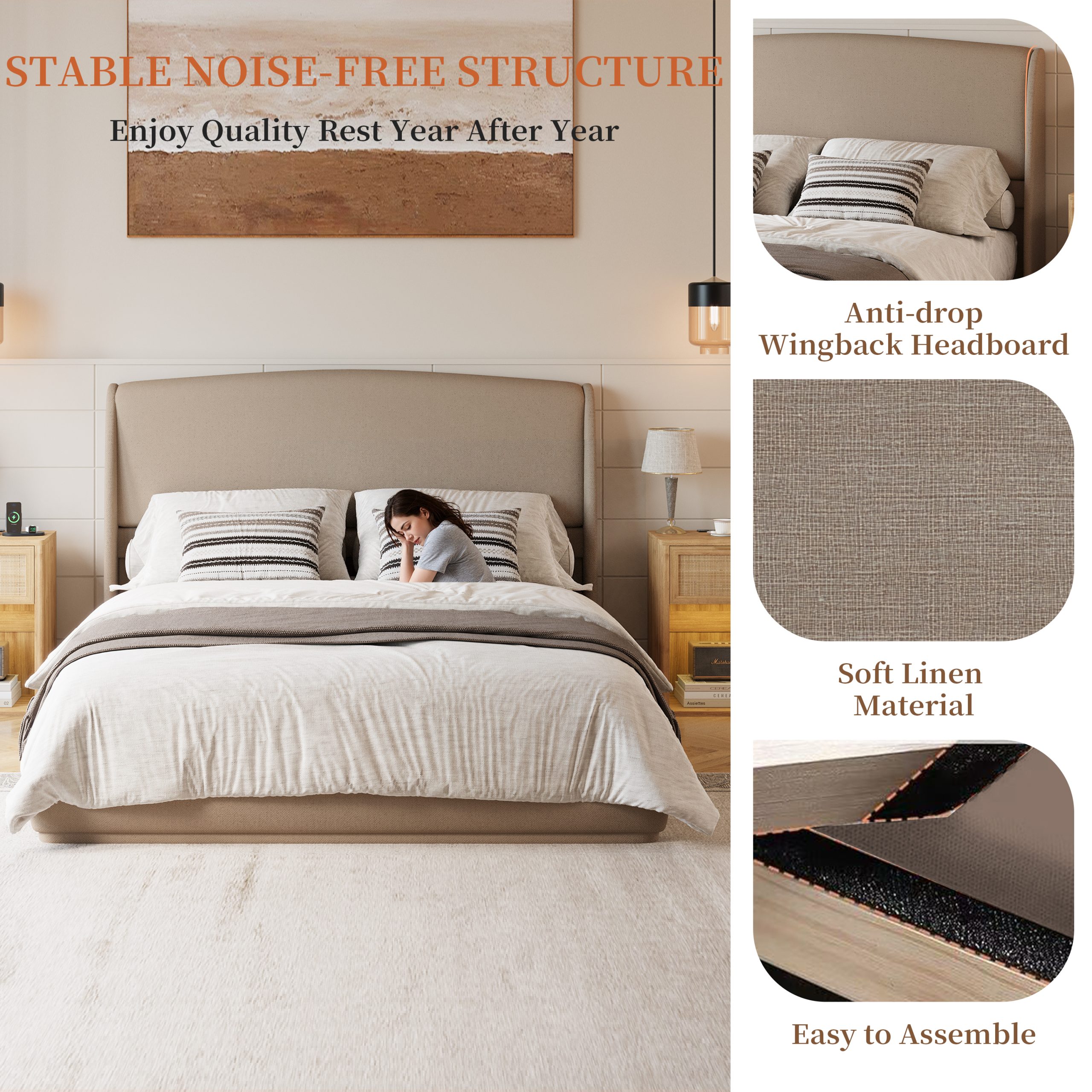 Upholstered Queen Bed Frame with Wingback Headboard, Low Profile Platform Bed with Padded Headboard, No Box Spring Needed, Easy Assembly, Elegant Linen Fabric, Brown - Image 4