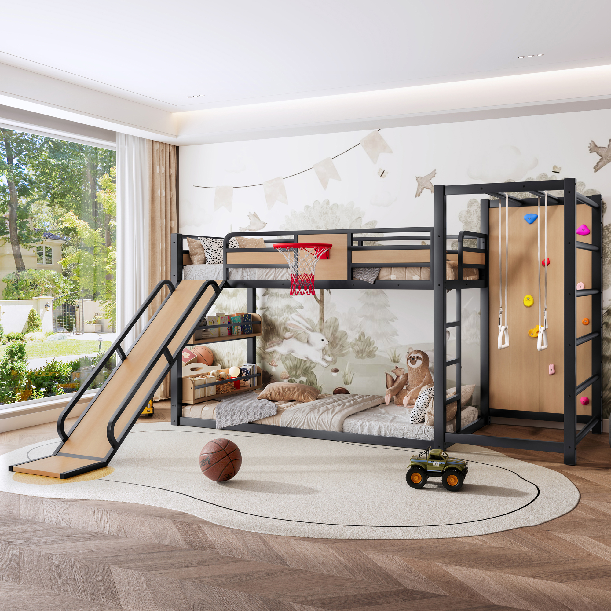 Twin size metal loft/bunk bed with basketball hoop, pull-up rings, climbing wall, and built-in bookshelves. Playful children's design featuring a slide,Yellow - Image 2