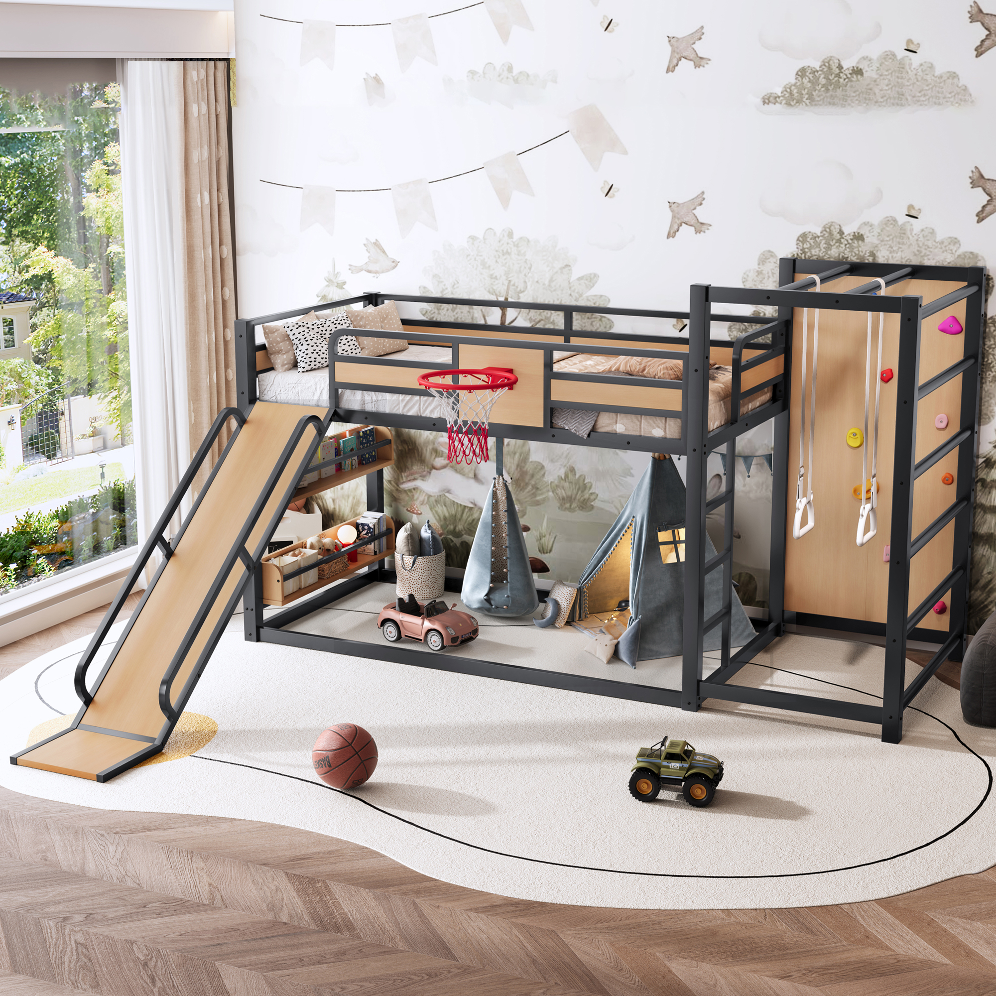 Twin size metal loft/bunk bed with basketball hoop, pull-up rings, climbing wall, and built-in bookshelves. Playful children's design featuring a slide,Yellow - Image 3