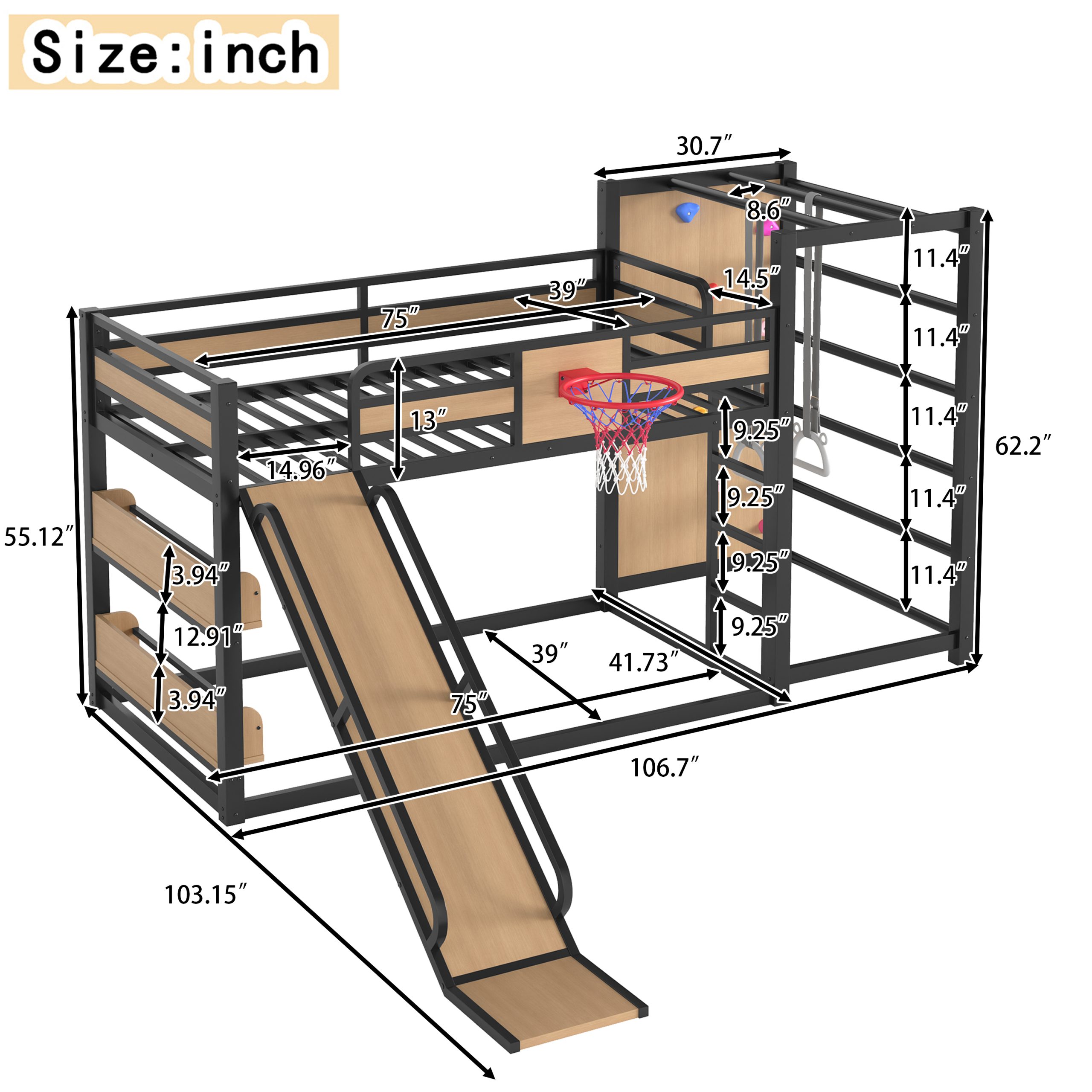 Twin size metal loft/bunk bed with basketball hoop, pull-up rings, climbing wall, and built-in bookshelves. Playful children's design featuring a slide,Yellow - Image 4