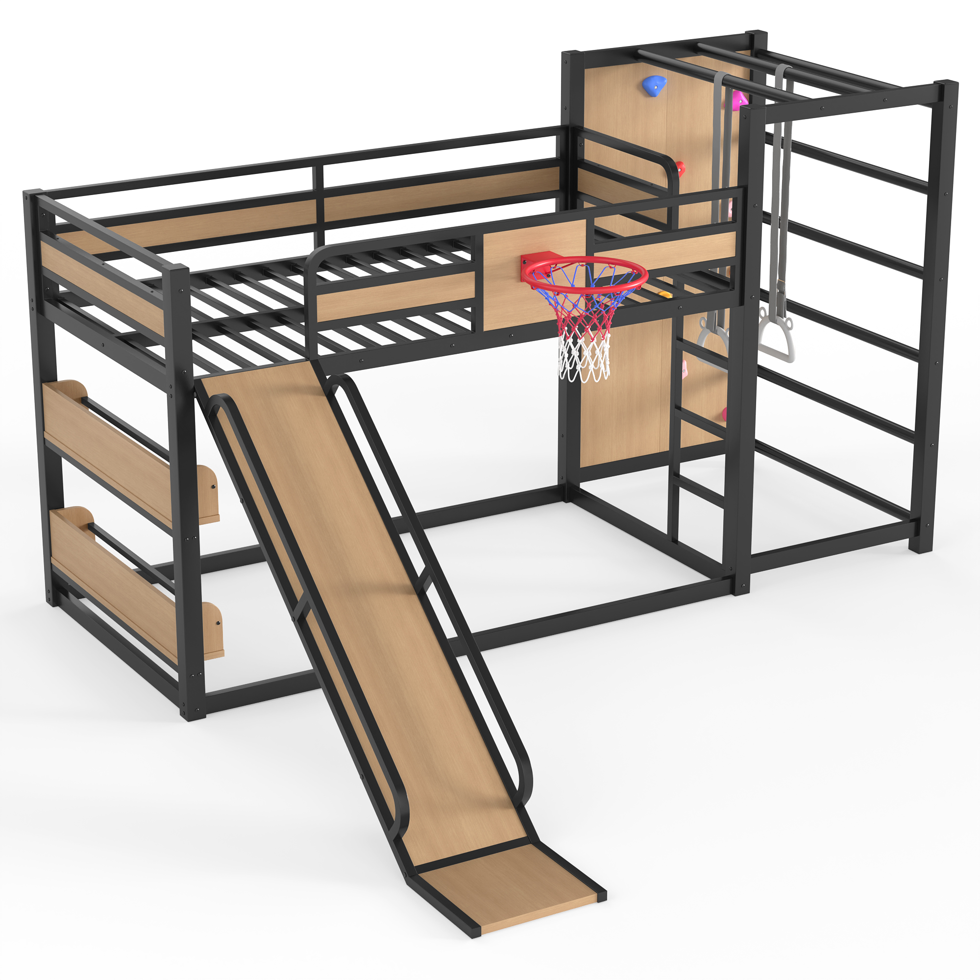 Twin size metal loft/bunk bed with basketball hoop, pull-up rings, climbing wall, and built-in bookshelves. Playful children's design featuring a slide,Yellow - Image 5