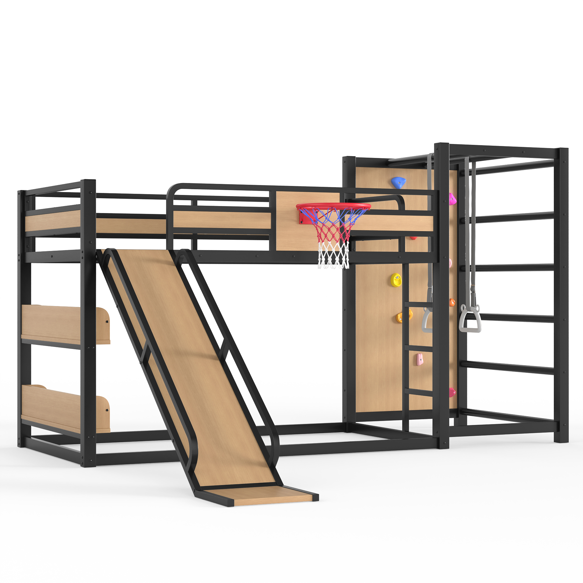 Twin size metal loft/bunk bed with basketball hoop, pull-up rings, climbing wall, and built-in bookshelves. Playful children's design featuring a slide,Yellow - Image 6