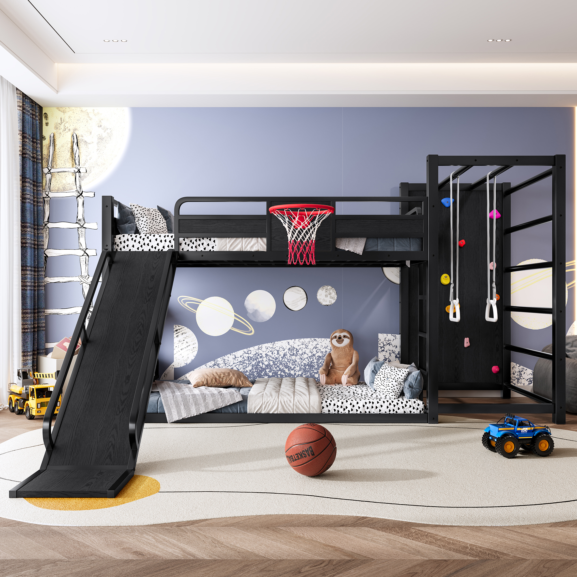 Twin size metal loft/bunk bed with basketball hoop, pull-up rings, climbing wall, and built-in bookshelves. Playful children's design featuring a slide,Black. - Image 2