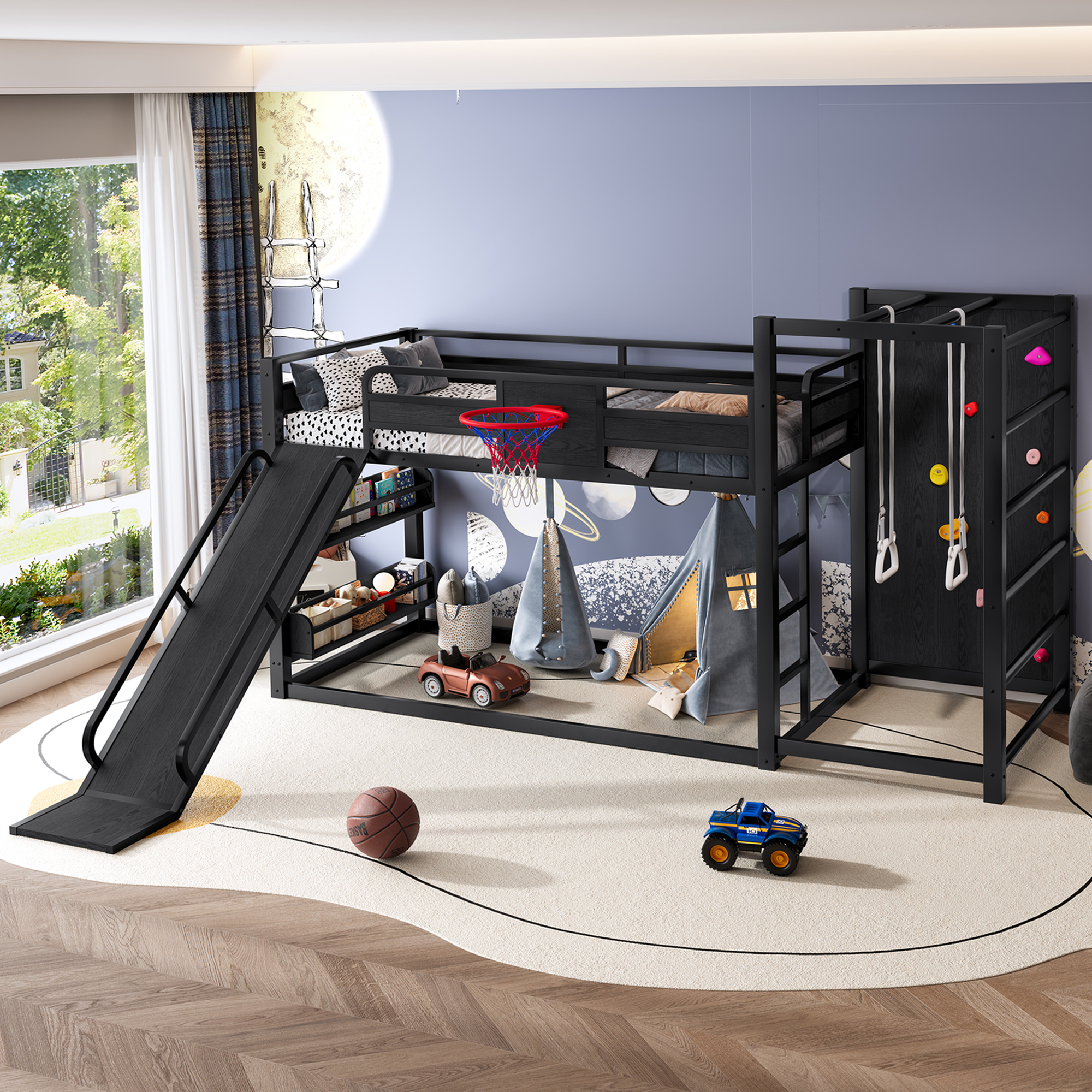 Twin size metal loft/bunk bed with basketball hoop, pull-up rings, climbing wall, and built-in bookshelves. Playful children's design featuring a slide,Black. - Image 3