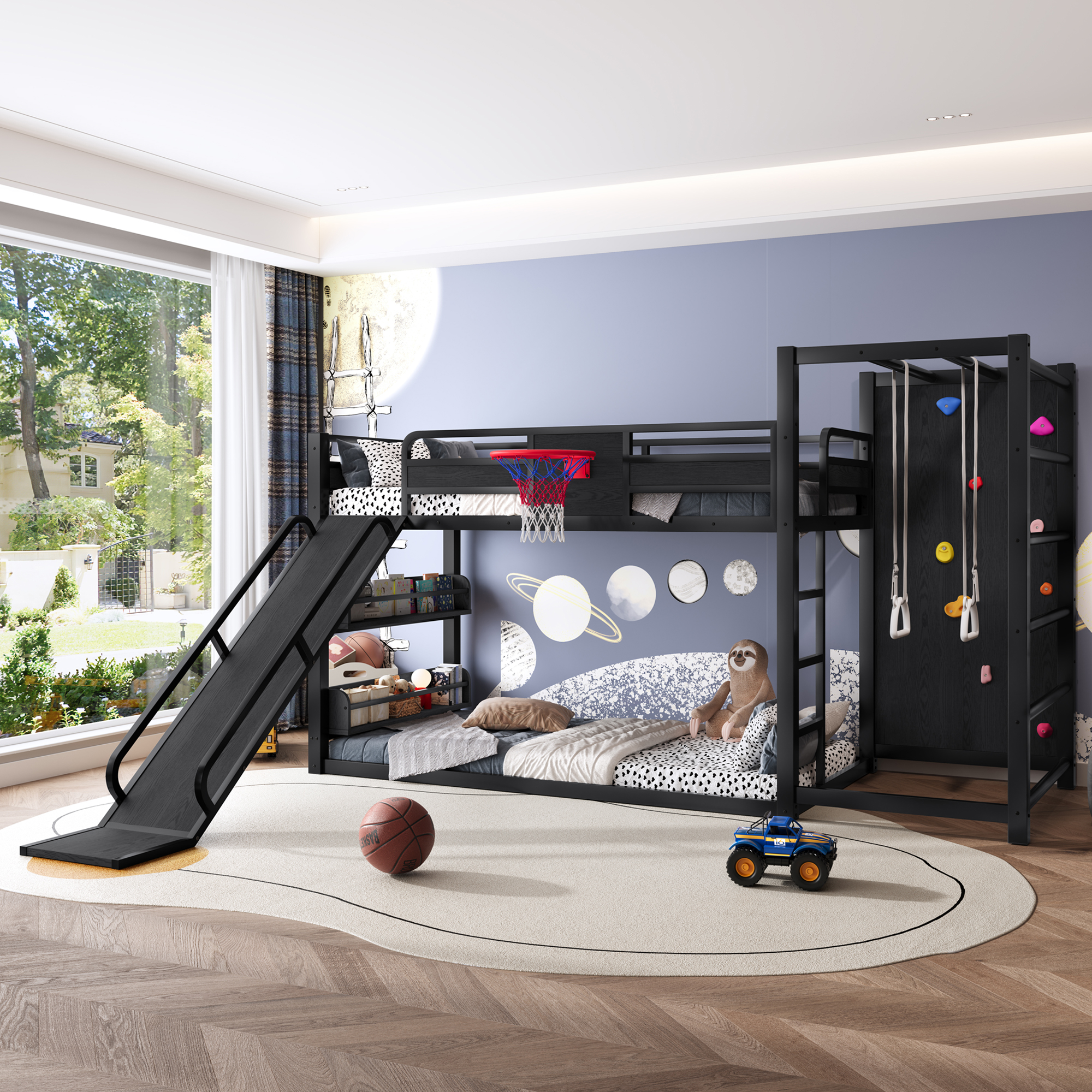 Twin size metal loft/bunk bed with basketball hoop, pull-up rings, climbing wall, and built-in bookshelves. Playful children's design featuring a slide,Black. - Image 4