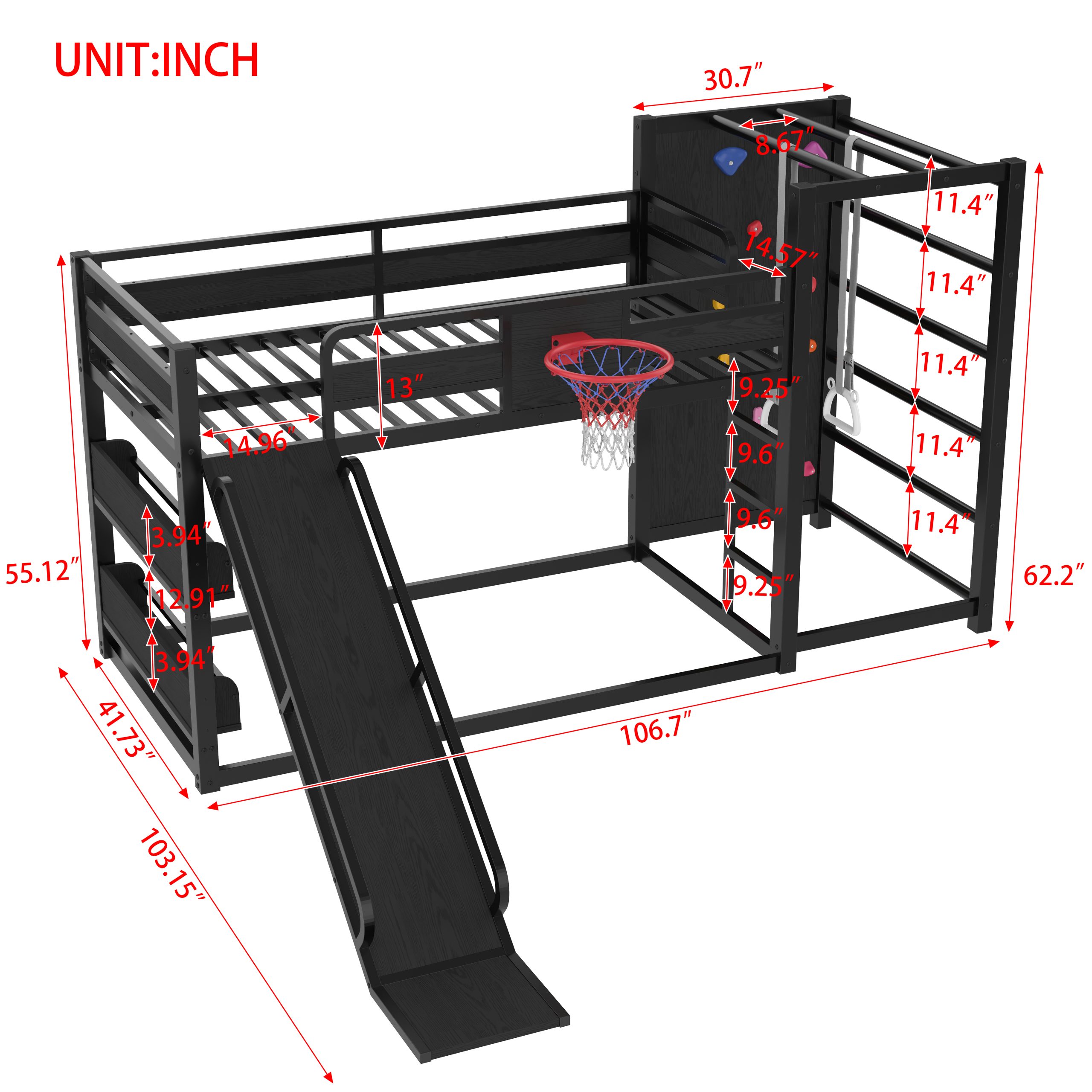 Twin size metal loft/bunk bed with basketball hoop, pull-up rings, climbing wall, and built-in bookshelves. Playful children's design featuring a slide,Black. - Image 5