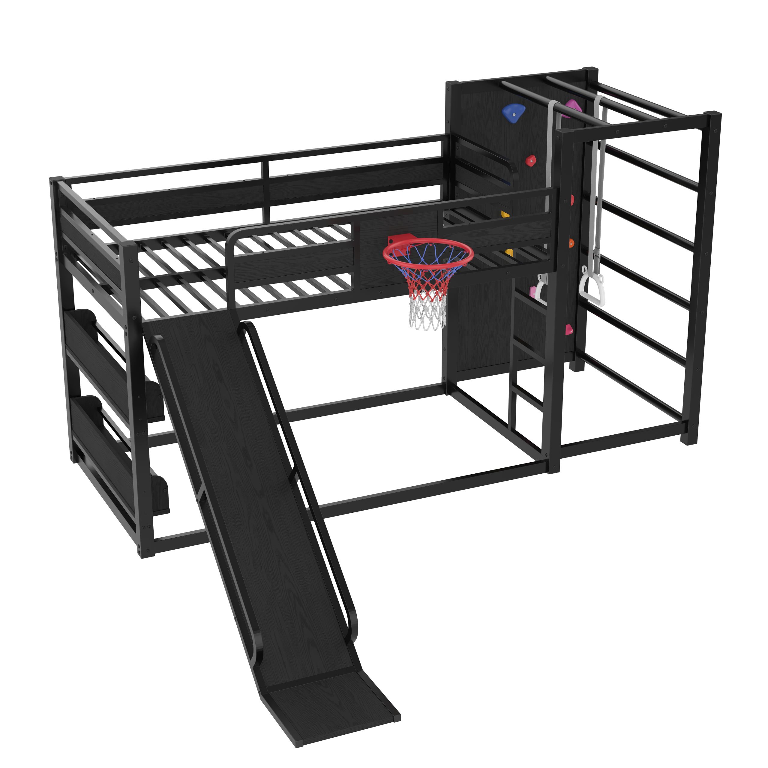 Twin size metal loft/bunk bed with basketball hoop, pull-up rings, climbing wall, and built-in bookshelves. Playful children's design featuring a slide,Black. - Image 6