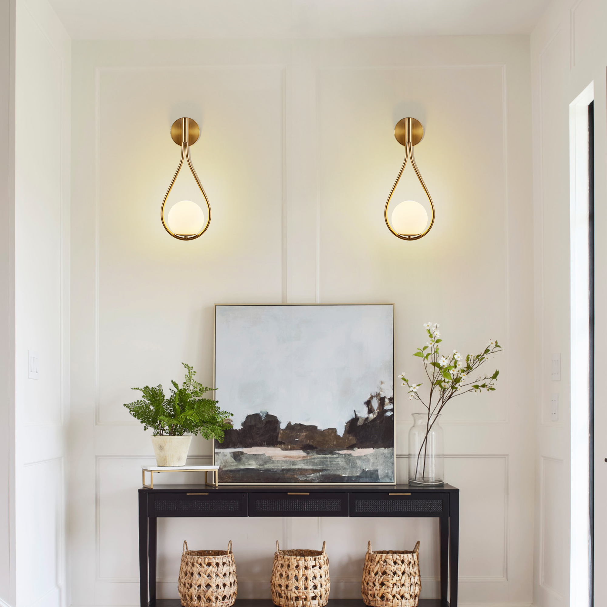 19" Set of 2 Modern Golden Wall Sconces with Opal Glass Globe, Mid-Century Design, Luxury Wall Lights for Bedroom, Living Room, Hallway (No Bulb) - Image 2