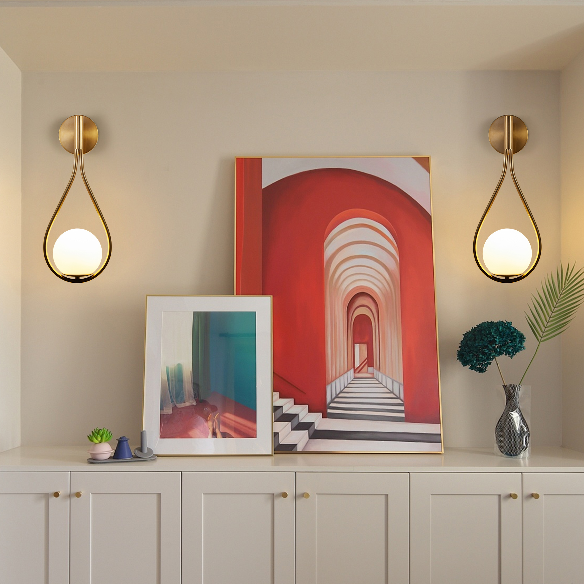 19" Set of 2 Modern Golden Wall Sconces with Opal Glass Globe, Mid-Century Design, Luxury Wall Lights for Bedroom, Living Room, Hallway (No Bulb) - Image 3