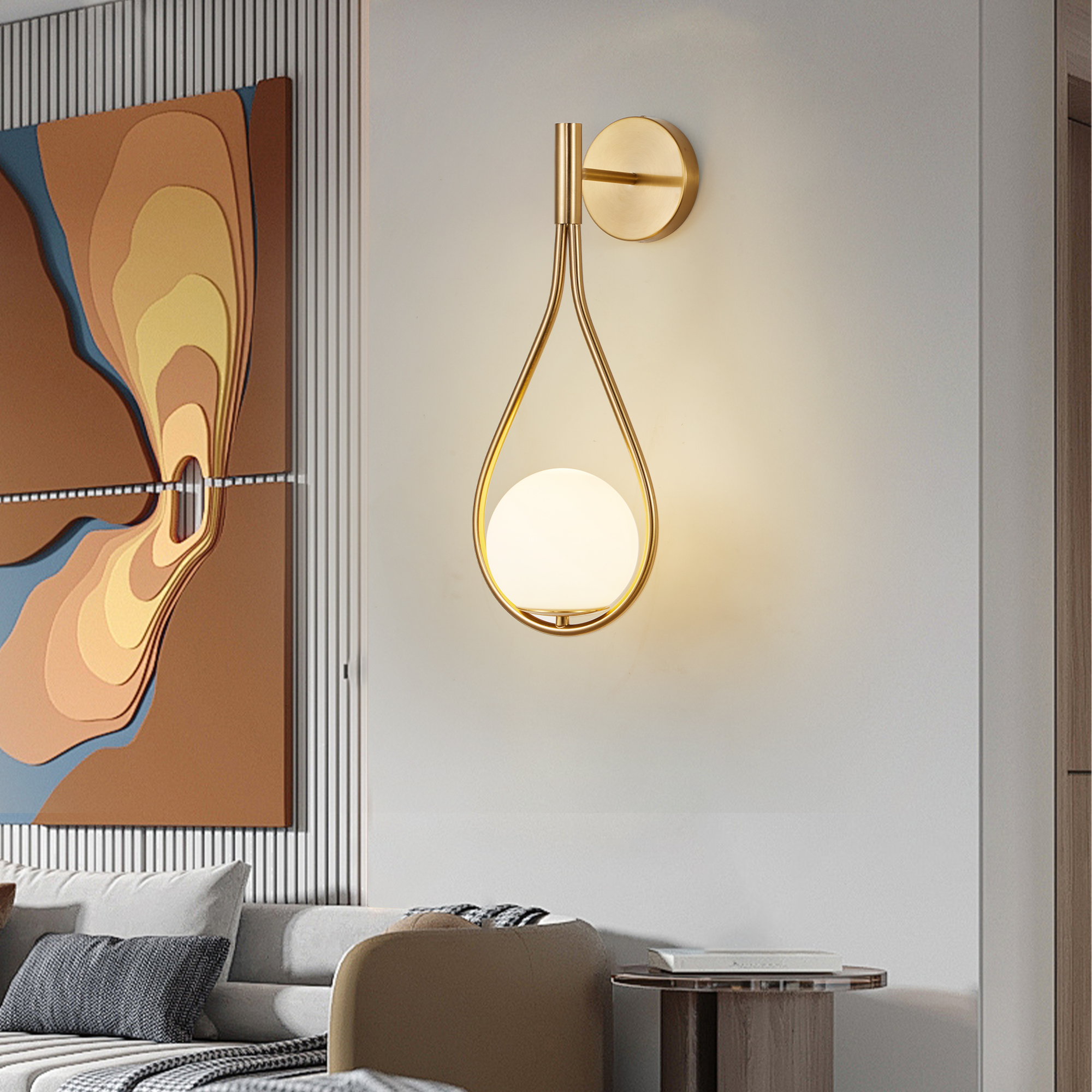 19" Set of 2 Modern Golden Wall Sconces with Opal Glass Globe, Mid-Century Design, Luxury Wall Lights for Bedroom, Living Room, Hallway (No Bulb) - Image 4