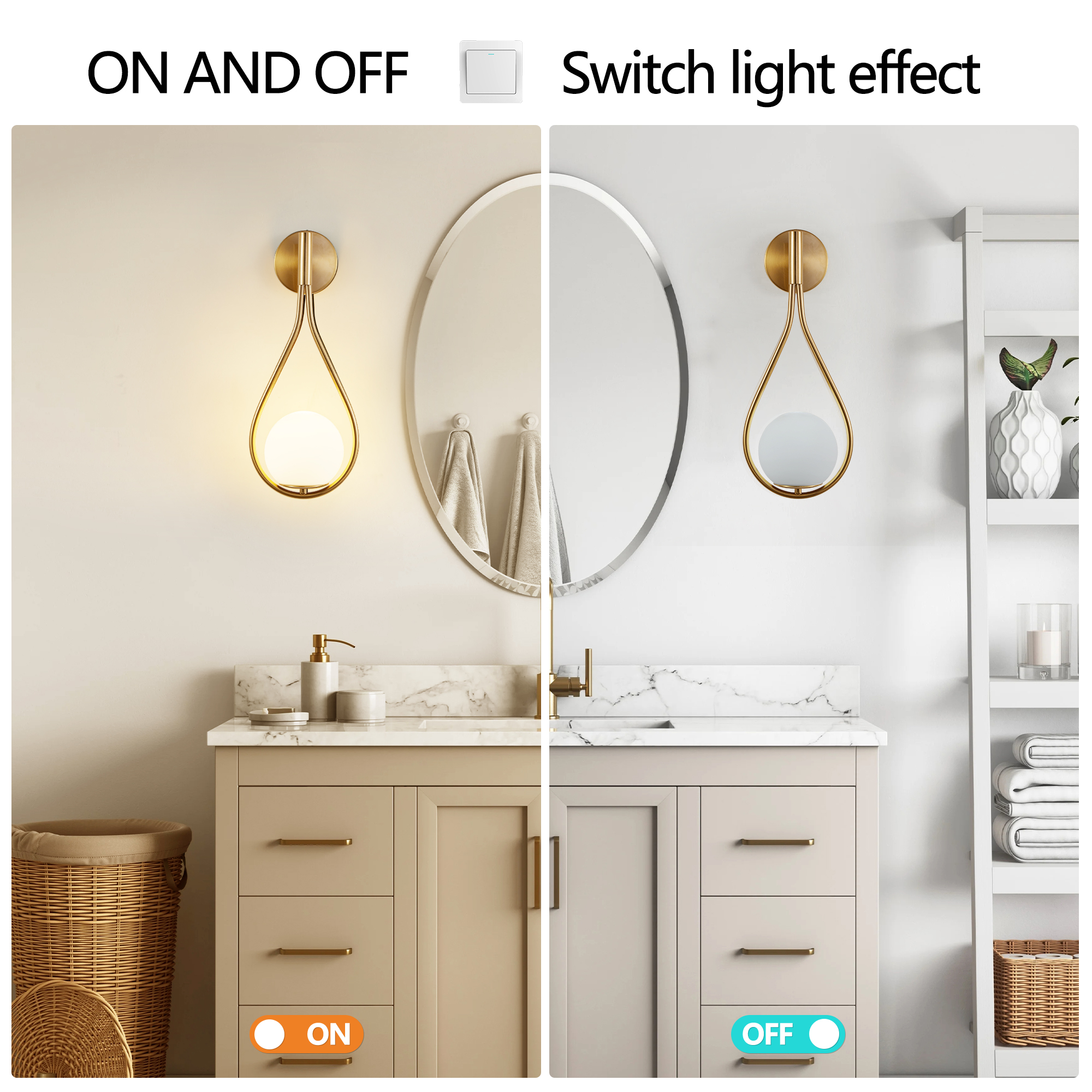 19" Set of 2 Modern Golden Wall Sconces with Opal Glass Globe, Mid-Century Design, Luxury Wall Lights for Bedroom, Living Room, Hallway (No Bulb) - Image 5