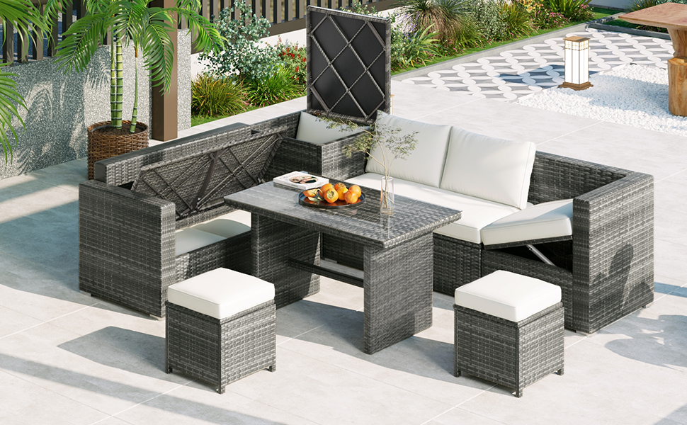TOPMAX Outdoor 6-Piece All Weather PE Rattan Sofa Set, Garden Patio Wicker Sectional Furniture Set with Adjustable Seat, Storage Box, Removable Covers and Tempered Glass Top Table, Beige - Image 2