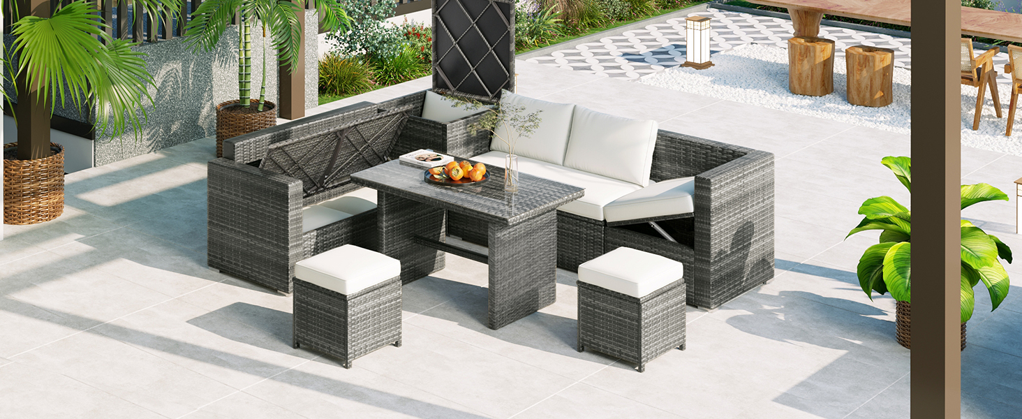 TOPMAX Outdoor 6-Piece All Weather PE Rattan Sofa Set, Garden Patio Wicker Sectional Furniture Set with Adjustable Seat, Storage Box, Removable Covers and Tempered Glass Top Table, Beige - Image 3