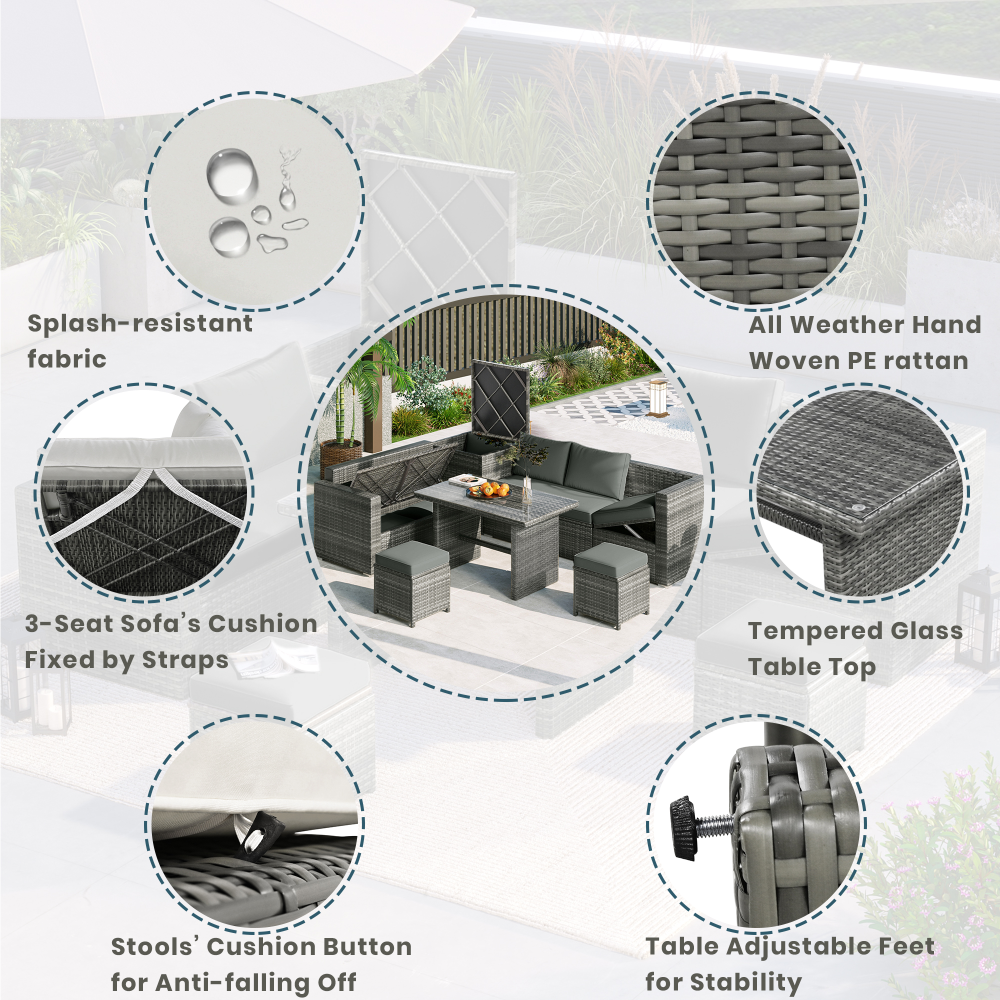 TOPMAX Outdoor 6-Piece All Weather PE Rattan Sofa Set, Garden Patio Wicker Sectional Furniture Set with Adjustable Seat, Storage Box, Removable Covers and Tempered Glass Top Table, Beige - Image 4